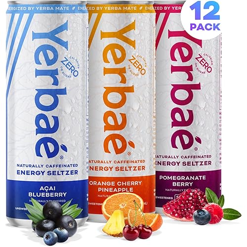 Yerbaé Energy Seltzer - Variety Performance Pack. No Sugar/Calories/Carbs. Energized by Yerba Mate Naturally Caffeinated Plant-Based, Healthy Alternative to Coffee/Sugary Sodas, Pack of 12, 12oz cans