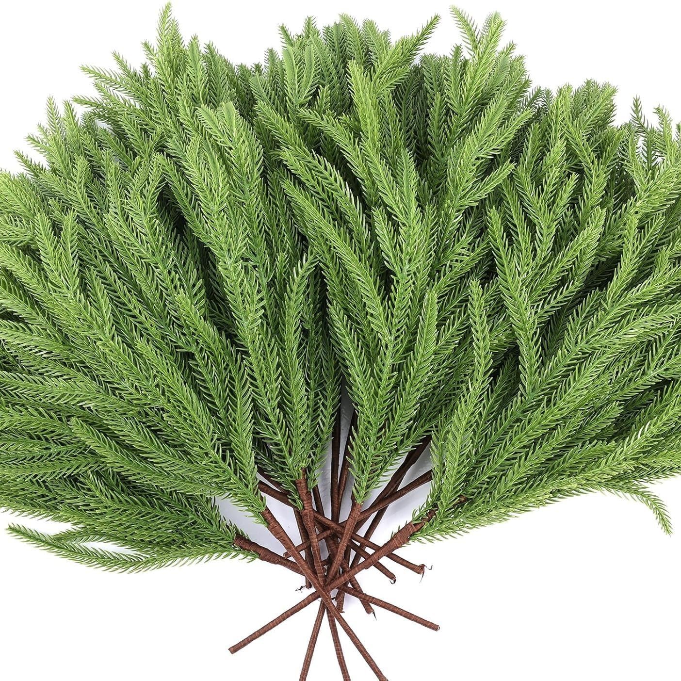 Wambere 10 Stück Norfolk-Kiefernzweige für Weihnachten Künstliche Tannenzweige Kiefernnadel Kiefernzweige Weihnachtszweig Weihnachtszeder Grünzweige für Vasenfüller Zuhause Büro Hochzeit,Grün