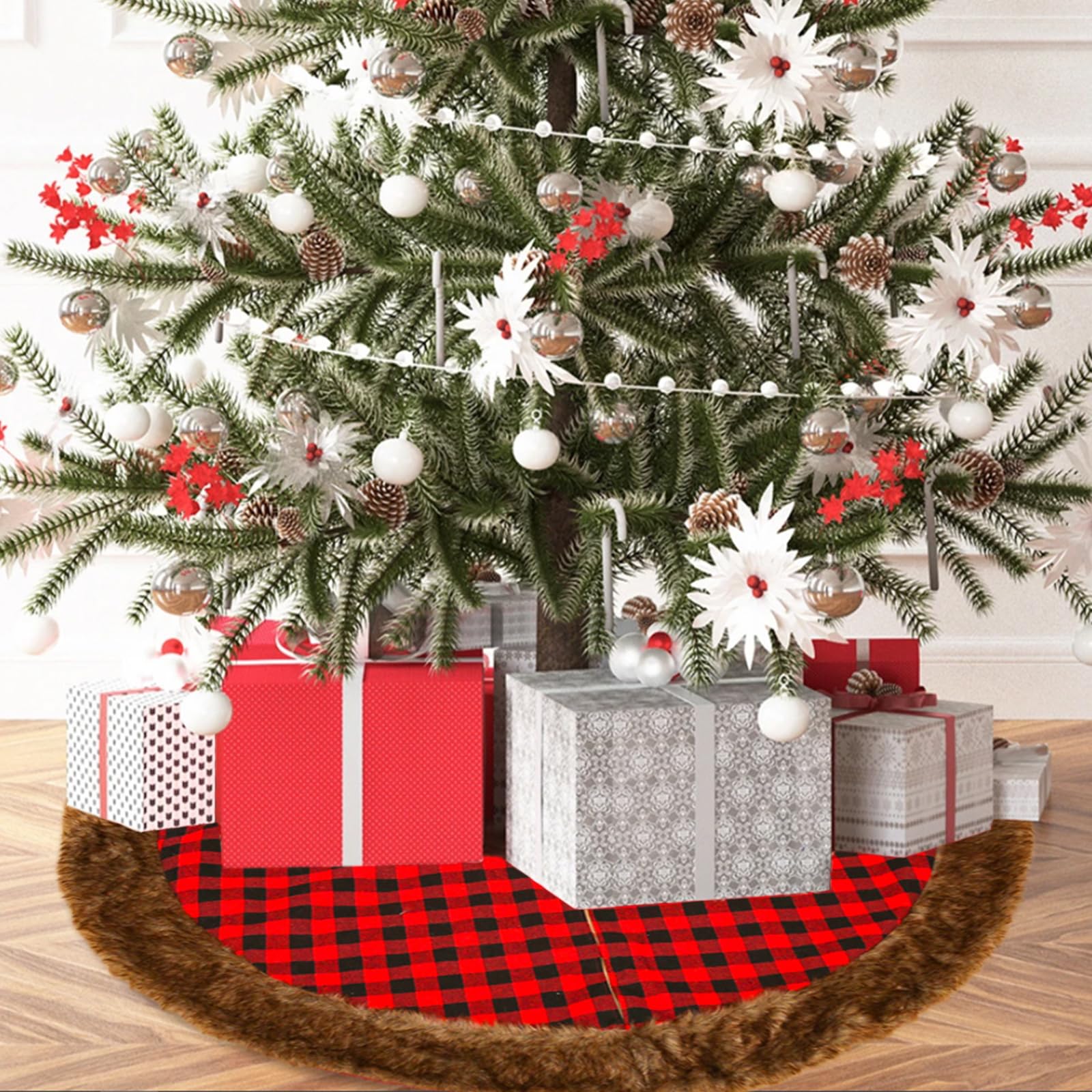 Gonna per albero di Natale, 122 cm, motivo scozzese di bufalo rosso e nero, con tela, decorazione per albero di Natale, include tappetino per albero di Natale, Capodanno, ornamento per albero