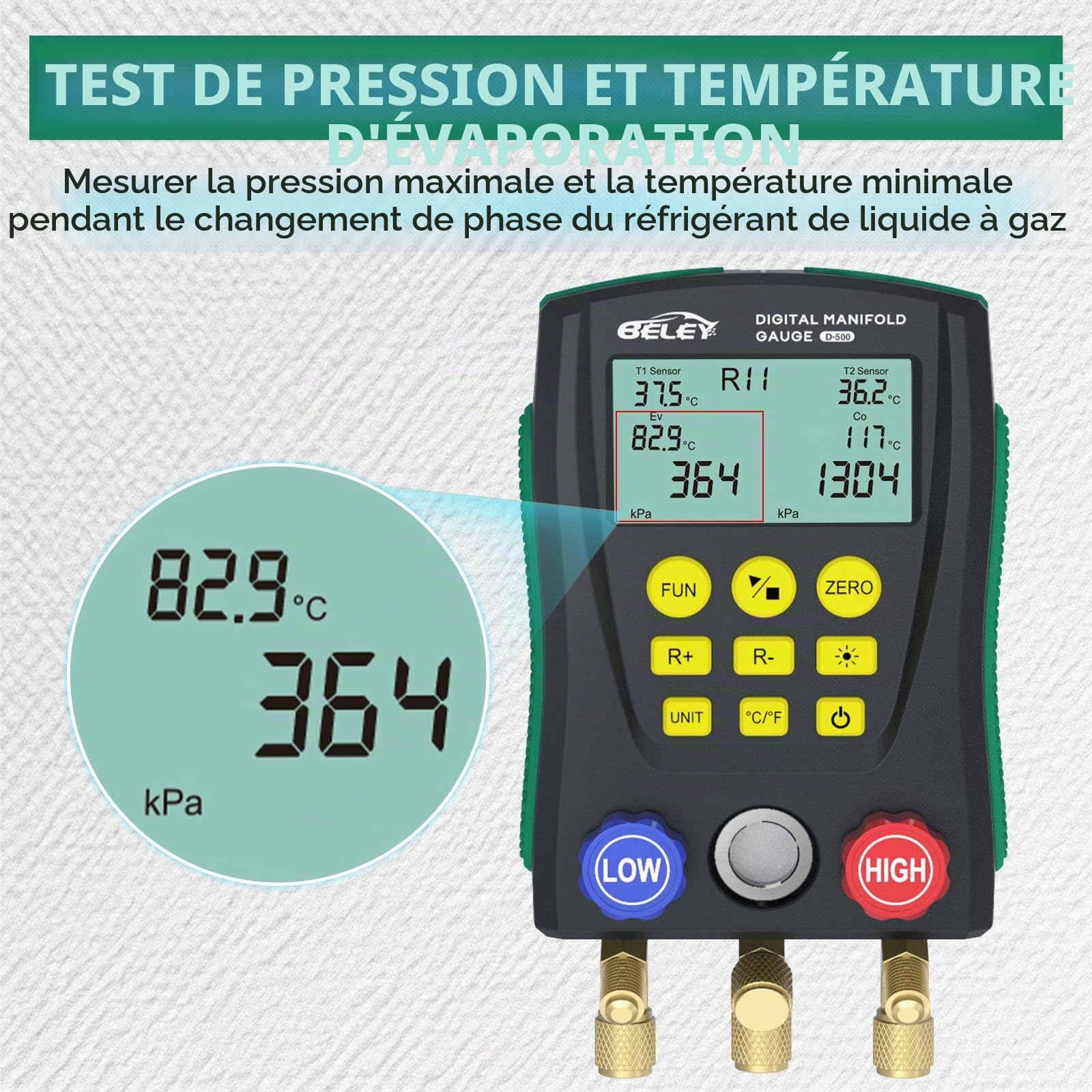 R32 R410a Manomètre à Réfrigérant Numériqueavec Deux Pinces de Température, Commande à Deux Vannes Manometre Climatisation avec 93 Types de Réfrigérants, pour Diagnostic & Maintenance Frigorifique