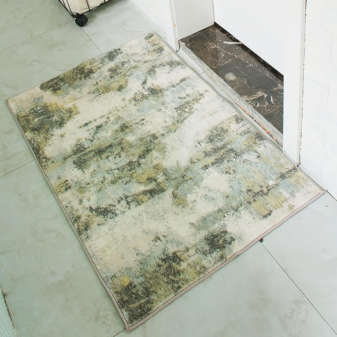 Carvapet Rugs for Entryway, 24"x36" Green Modern Abstract Low Pile Carpet with Rubber Backing, Foldable, Non Slip Machine Washable Entrance Mat (3 x 2 Feet Rectangular, Sage Green Area Rug)