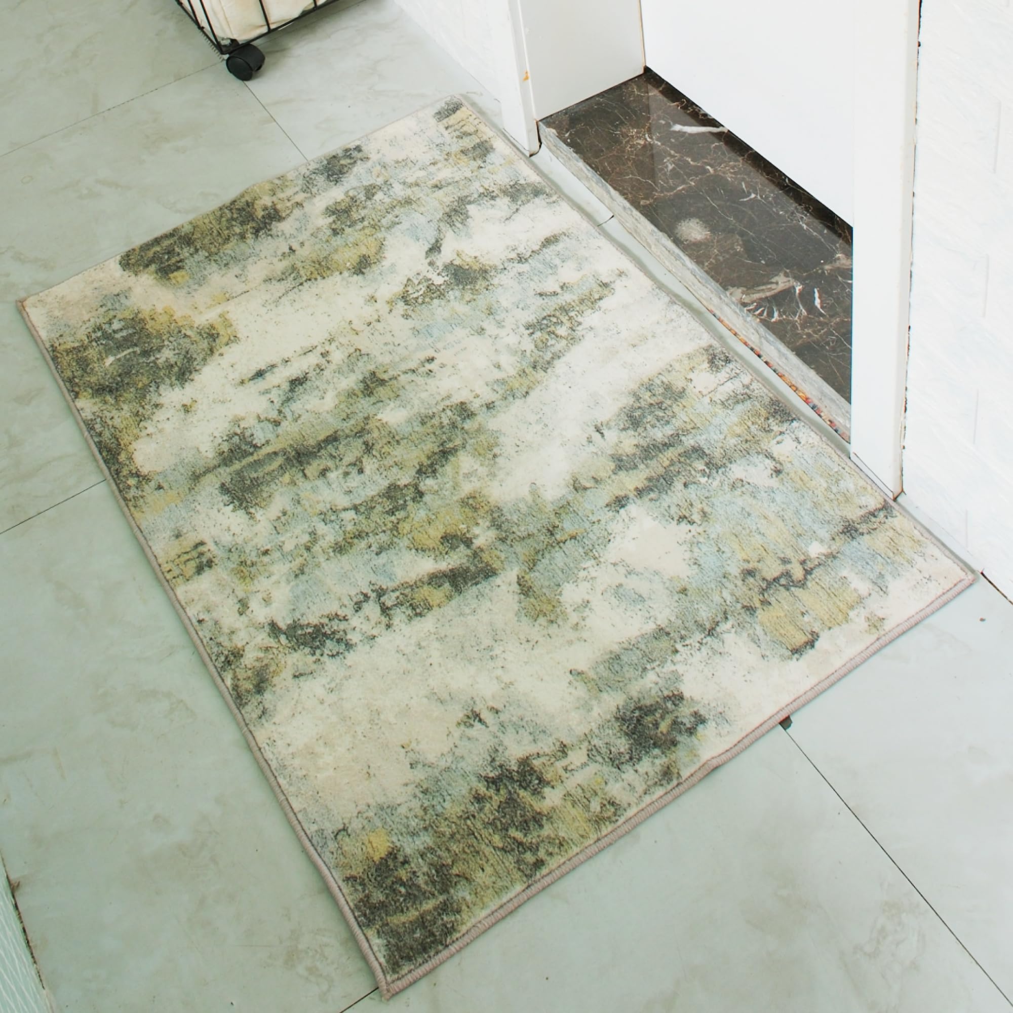 Carvapet Rugs for Entryway, 24"x36" Green Modern Abstract Low Pile Carpet with Rubber Backing, Foldable, Non Slip Machine Washable Entrance Mat (3 x 2