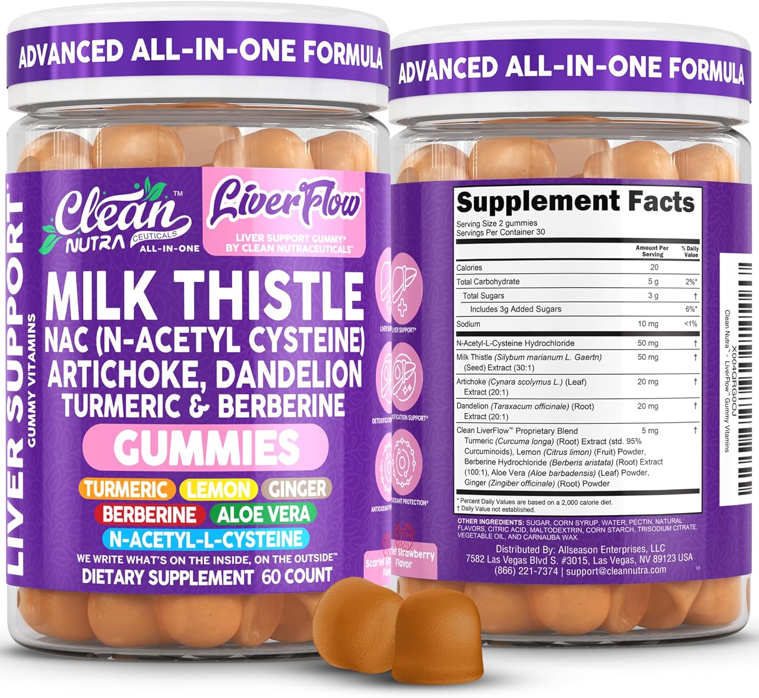 Clean Nutra Milk Thistle NAC Supplement N Acetyl Cysteine Artichoke Dandelion Root Turmeric Berberine Ginger Curcumin Gut Health Metabolism Detox & Cleanse 60 Gummies