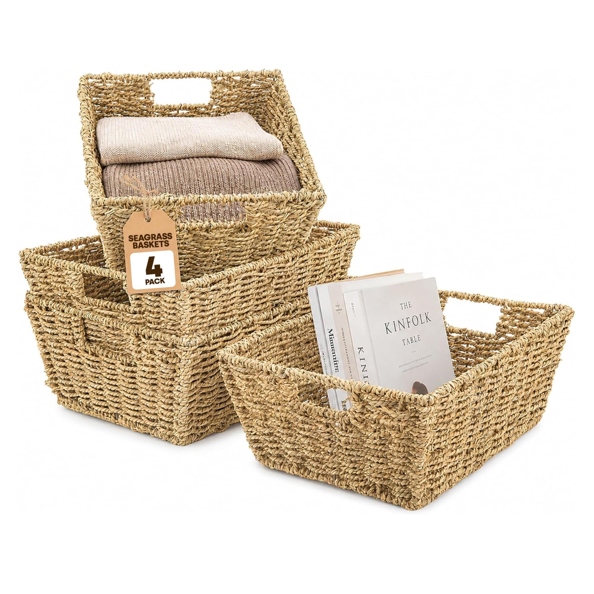 Livivo Natural Seagrass Storage Baskets Set Of 4 Woven Hampers With Handles Multipurpose Home Organiser