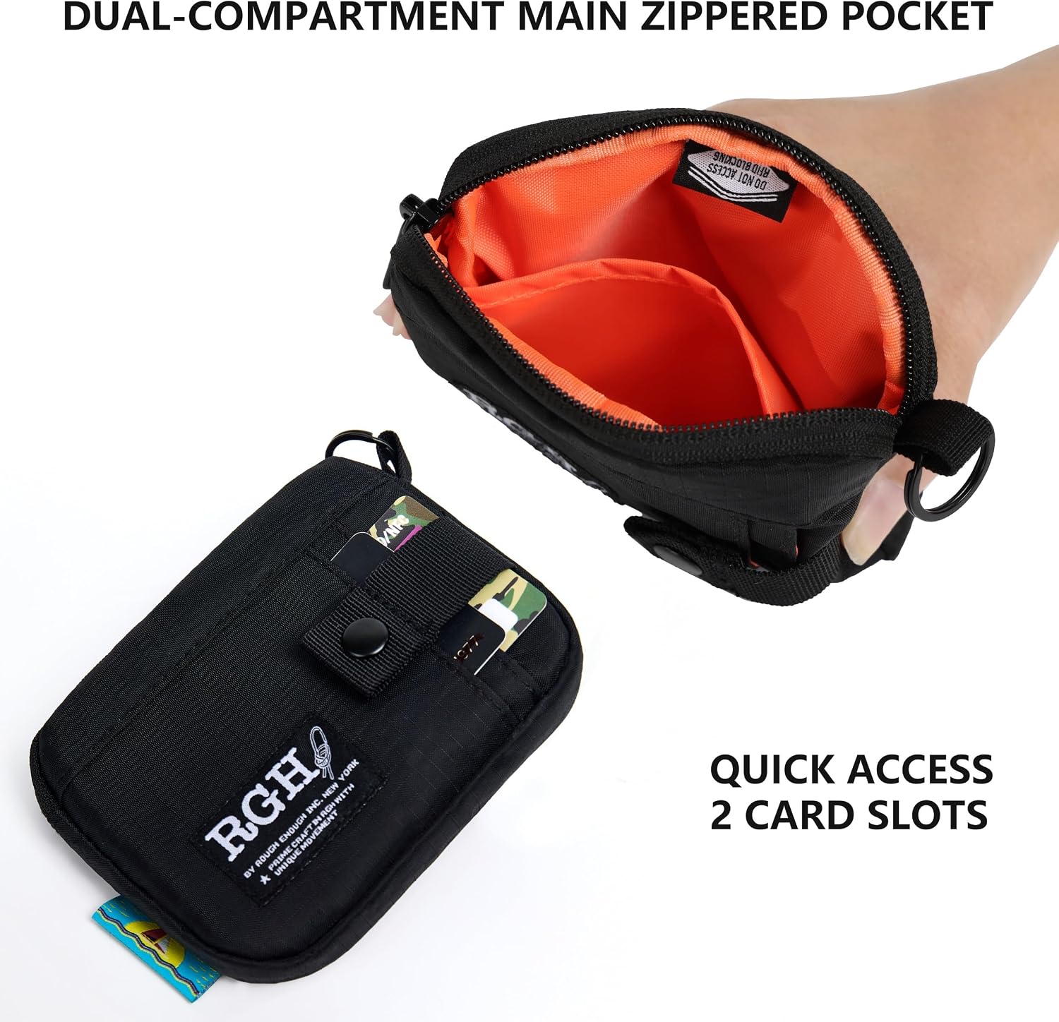 Rough Enough Card Holder Wallet Black Water Resistant Sailboat Fabric RFID Blocking Zipper Pouch with Neck Lanyard Keychain Carabiner for Travel Outdoor