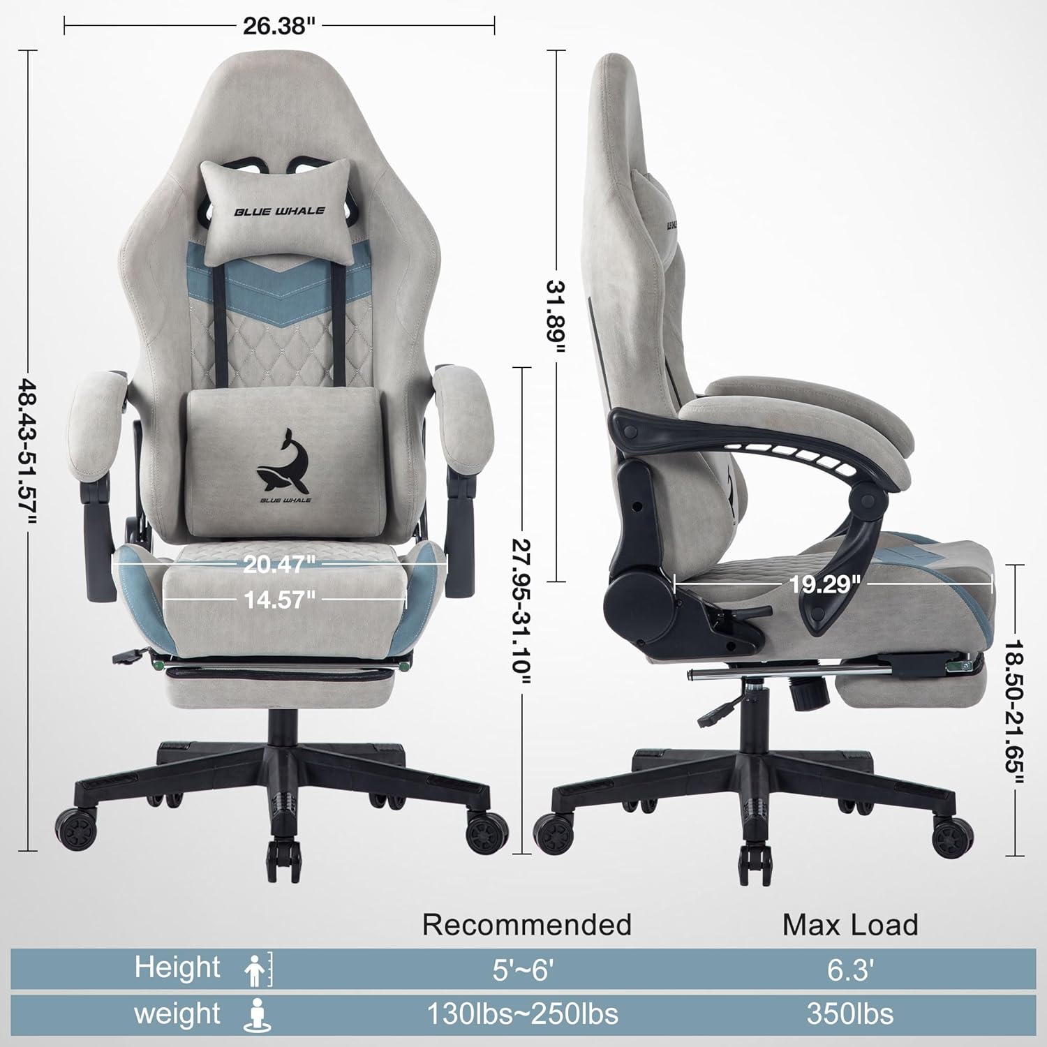 Blue Whale Gaming Chair for Adult 350lbs Computer Chair with Adjustable Lumbar Support Headrest and Footrest Large Size Reclining Gaming Chair Big and Tall Linkage Armrest