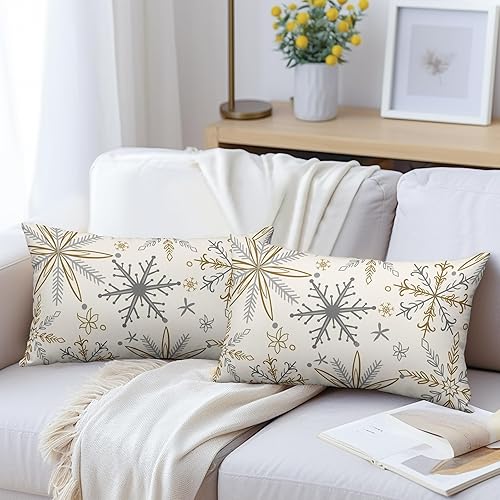Miniatura 2 de Juego de 2 fundas de almohada de copos de nieve de invierno de 18 x 18 pulgadas, color amarillo, gris, gris, rústico, estampado navideño, para
