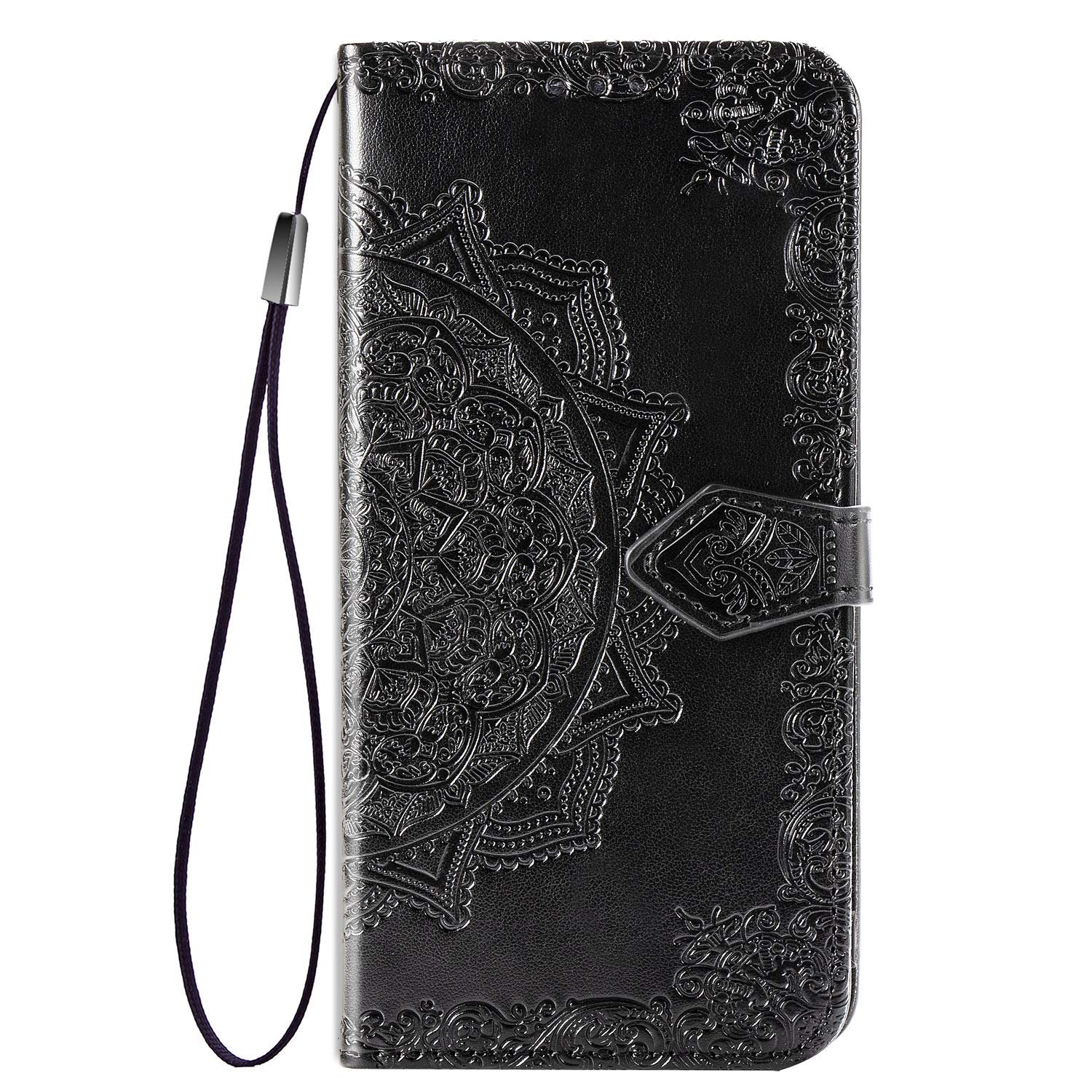 Flip Floral Wallet Case Compatible with iPhone 11 PRO 5.8 inch Case,3D Embossing Datura Mandala Flower,with Wrist Strap and [3-Slots] ID&Credit Cards Pocket Kickstand Holder PU Leather-Black