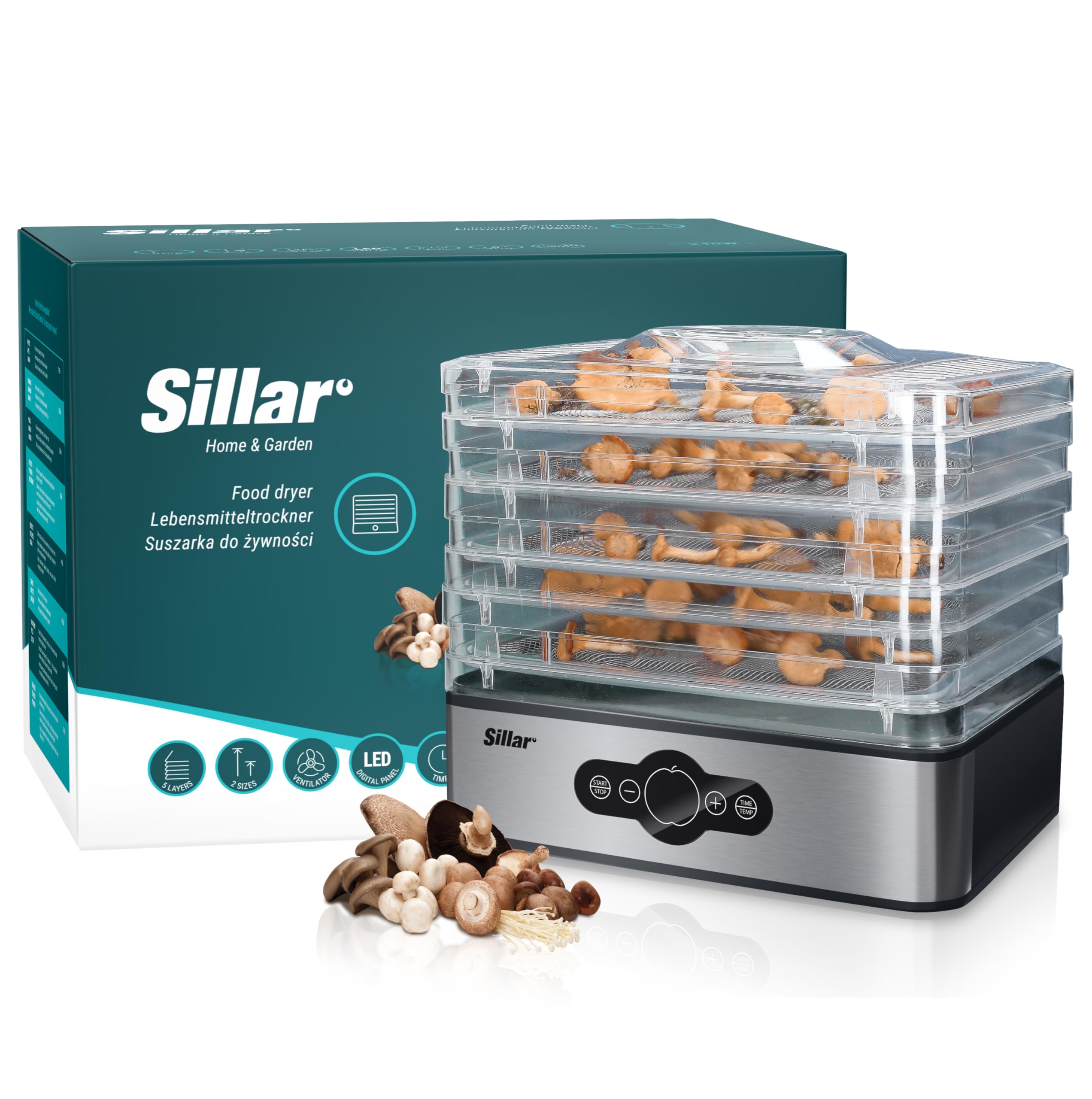 Sillar Bellelife odwadniacz żywności z regulatorem temperatury, 5 półek, 240 W, 35-70°C, timer do żywności, mięsa, warzyw