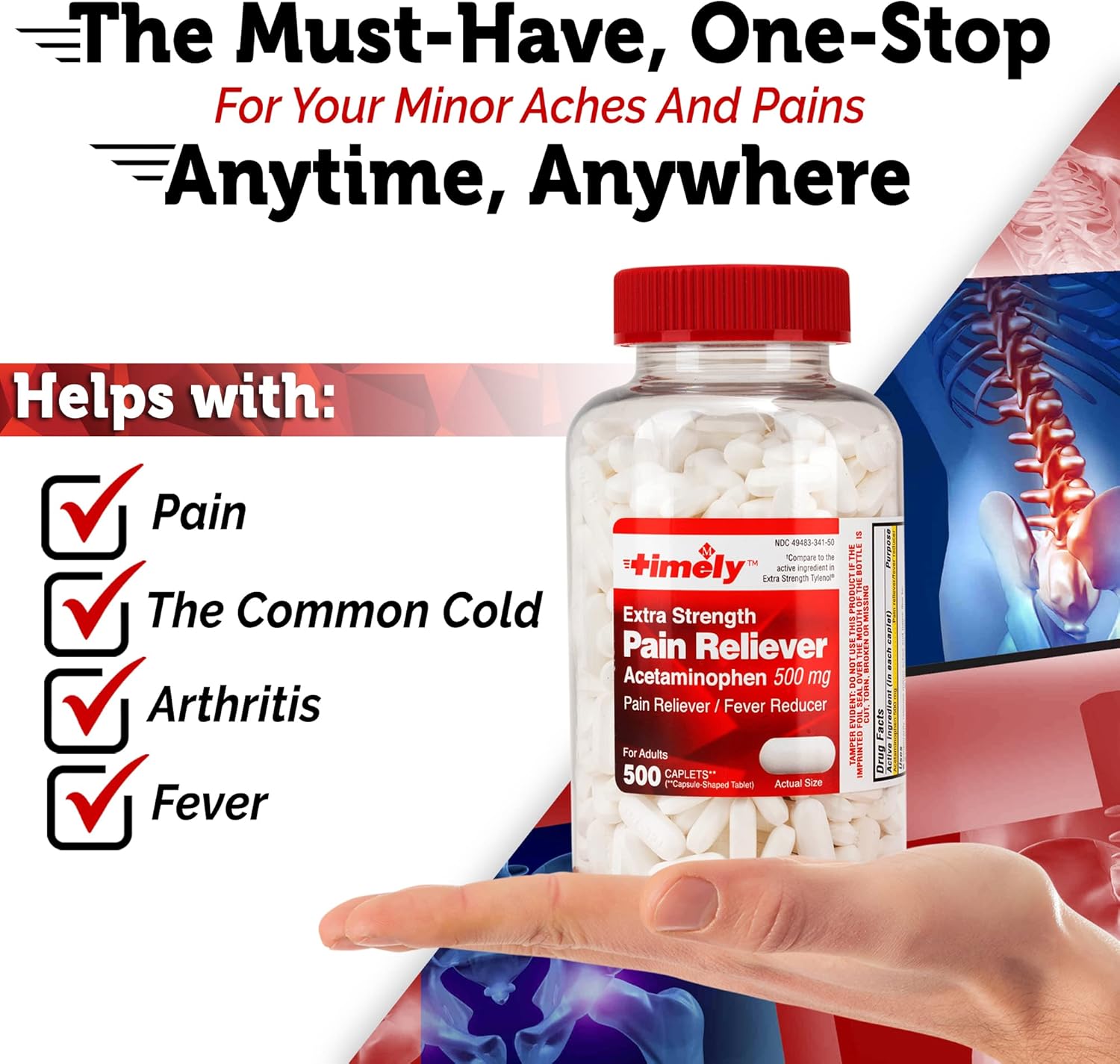 Timely - Extra Strength Pain Relief - Acetaminophen Tablet 500 MG - 500 Count - Compared to The Active Ingredient in Extra Strength Tylenol - Menstrual Cramps - Common Cold - Minor Pain of Arthritis : Health & Household