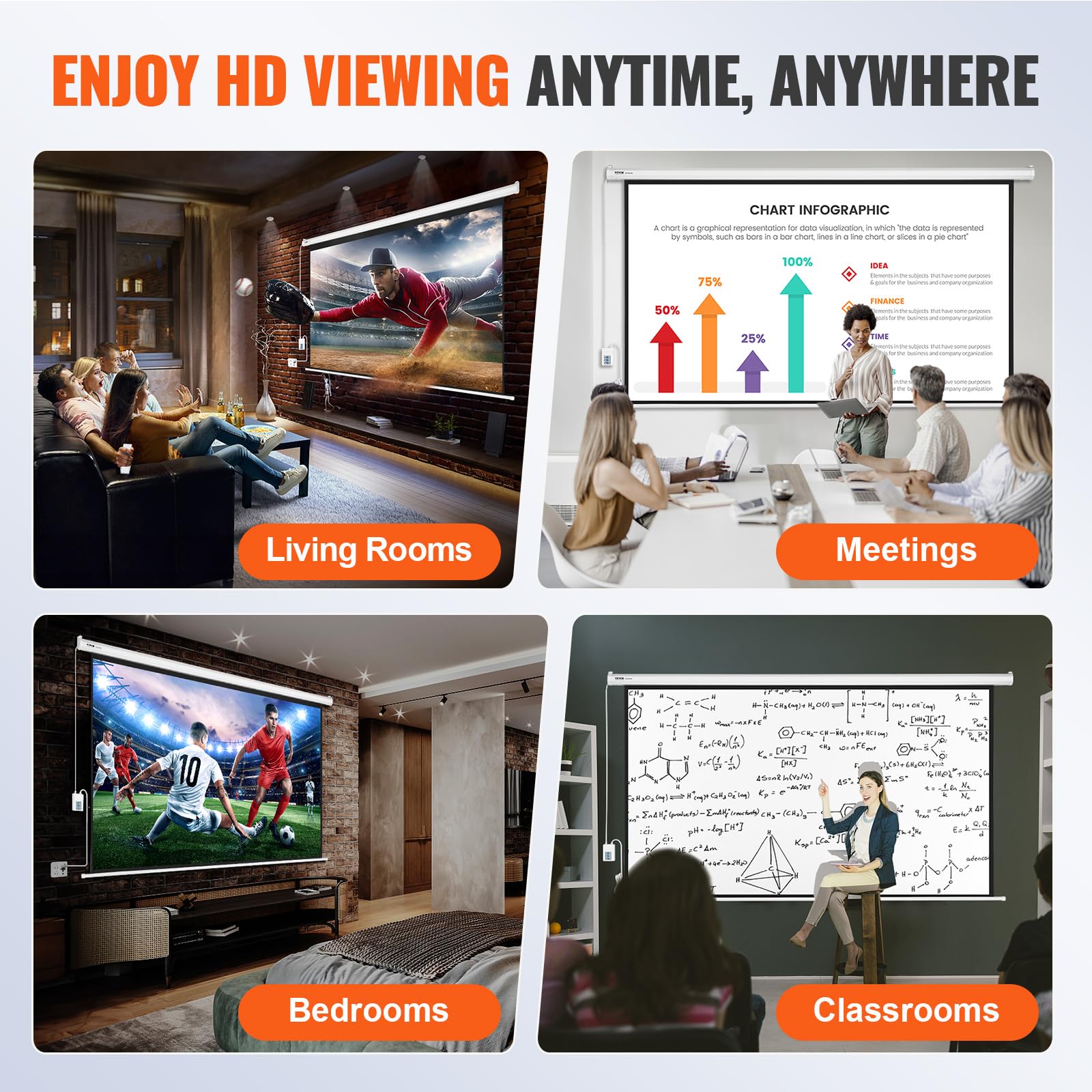 VEVOR Écran de Projection Motorisé 100 Pouces 16:9 HD 4K 1080 Toile de Projection Anti-Plis avec Télécommande Grand Angle de Vision Montage Mural Direct pour Vidéoprojecteurs Cinéma Maison Intérieur