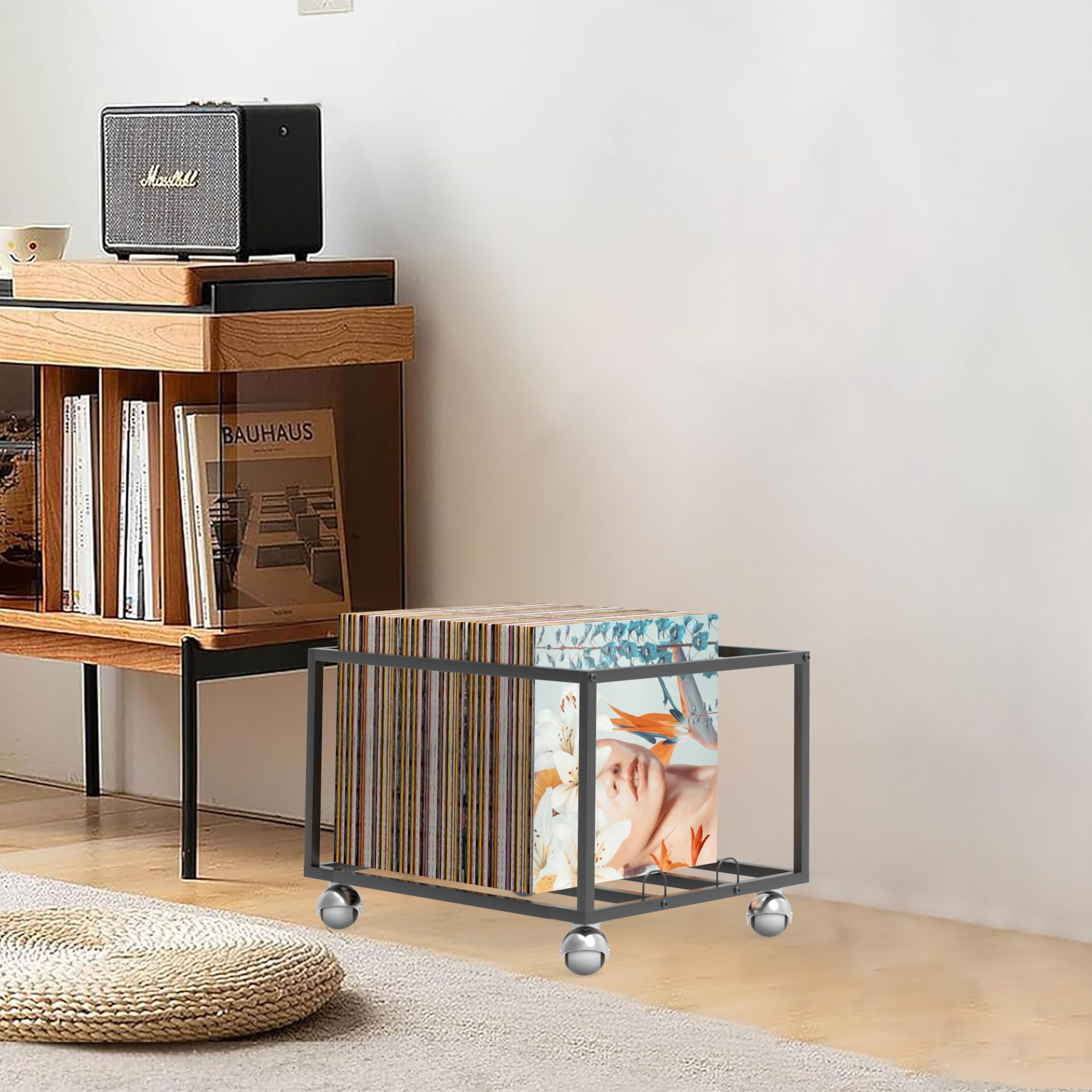 Schallplattenaufbewahrung auf Rädern, stabile Metallstruktur, hält bis zu 100 Alben, stilvoller Organizer für Ihre Vinyl-Sammlung