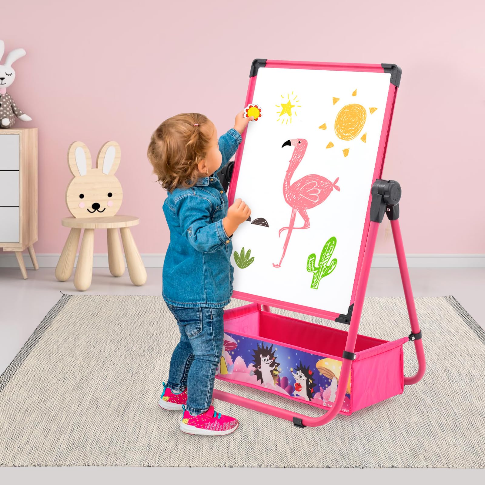 Kinderstaffelei, Kinder Staffelei Magnetische Kreidetafel & Whiteboard, Höhenverstellbar 29.5inch-44inch, 360 Grad Drehbare Kreidetafel, Geschenk für Kinder (rosa)