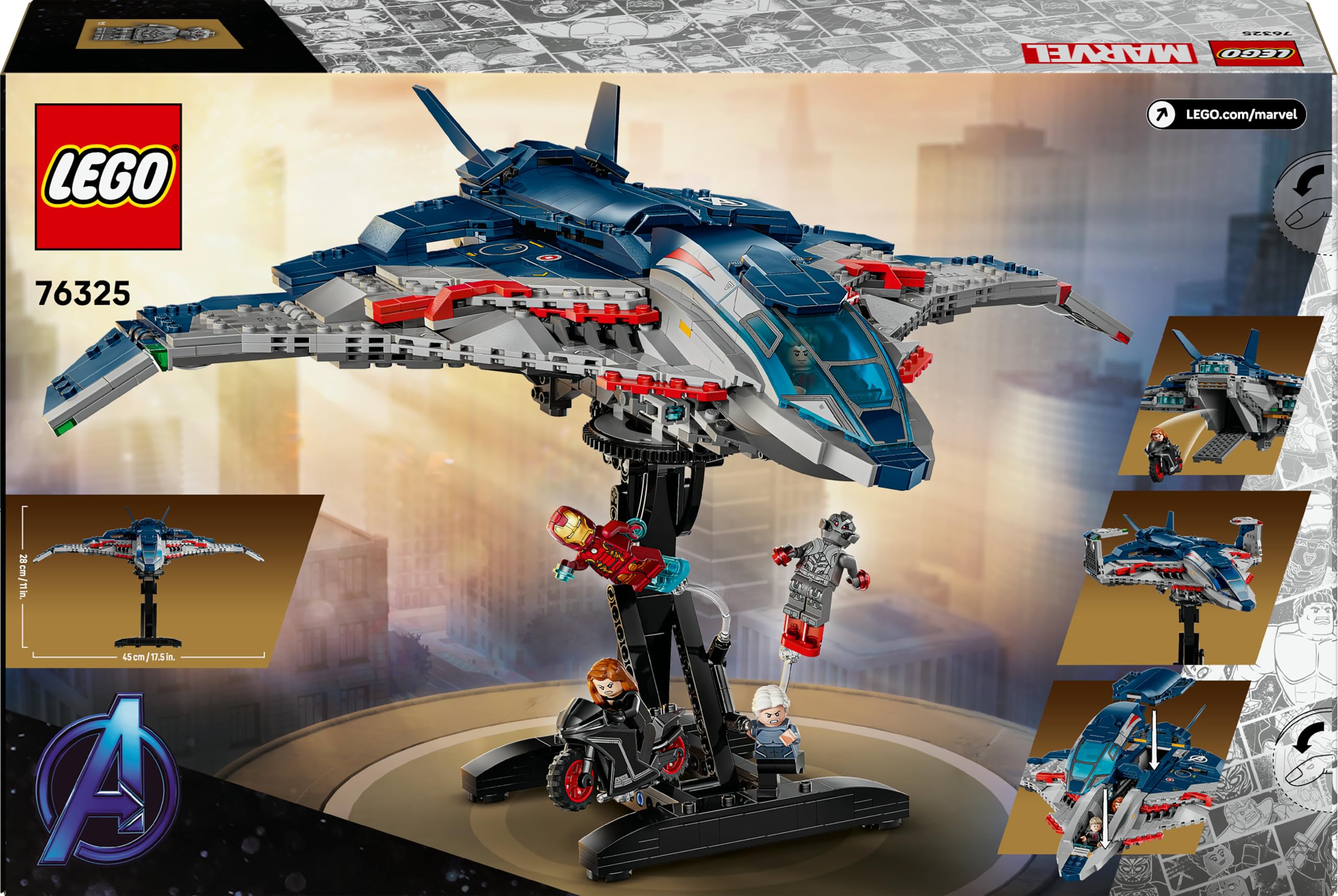 LEGO | Marvel Avengers: Age of Ultron Quinjet – Superhelden Spielzeug Flugzeug mit Motorrad und 5 Minifiguren, darunter Iron Man, Black Widow und Ultron – Geschenk für Jungen ab 12 Jahren – 76325