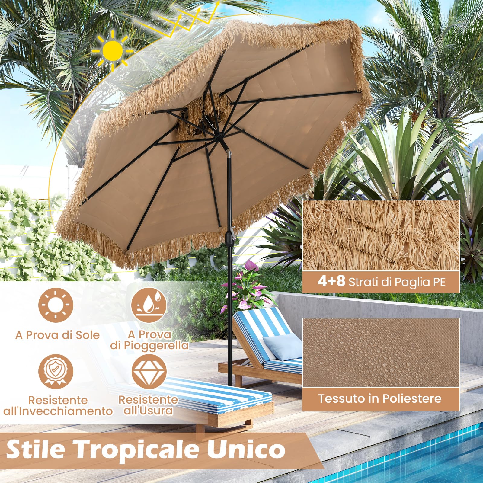 GYMAX Ombrellone Paglia PE 3x3 M, in a 12 Strati, Inclinazione 30° con Manovella Manuale, Tettoia Ventilata, 8 Costole, Stile Hawaiano, per Piscina, Patio, Spiaggia, Giardino