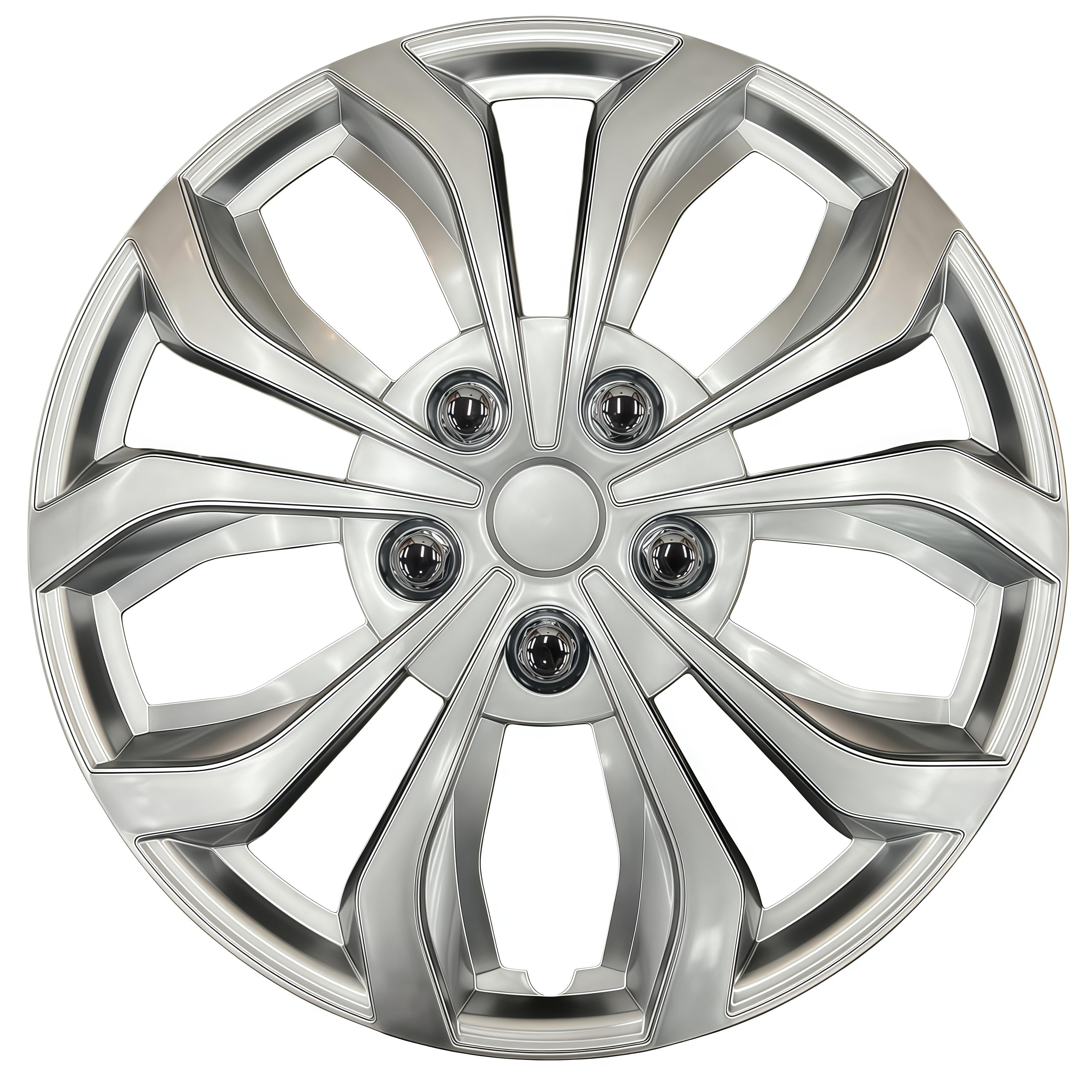 Tulamotori - Set di 4 copricerchi universali, compatibili con cerchi in acciaio, design Snap-On, materiale PP resistente, con anello di sicurezza in acciaio regolabile (argento, 14 pollici)
