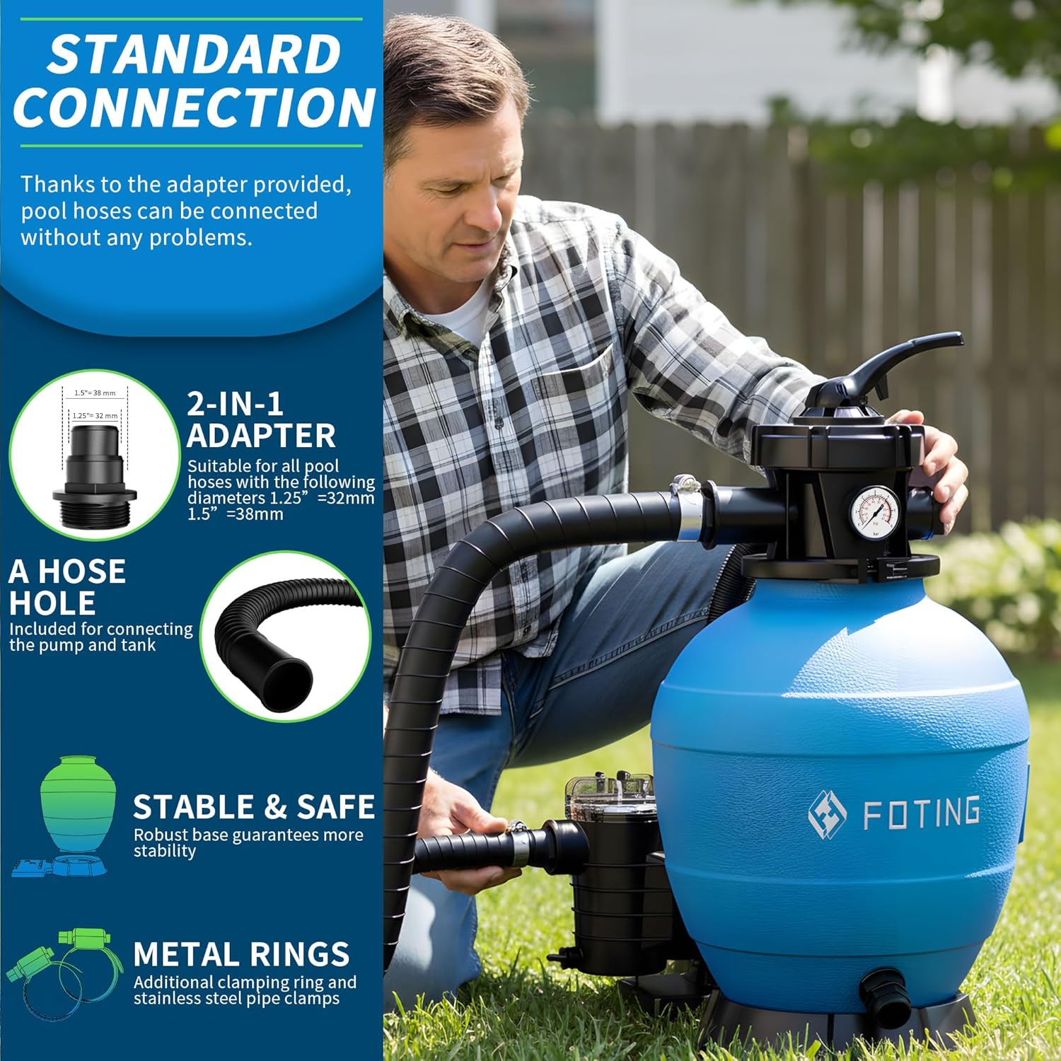 FOTING Sand Filter Pump for Above Ground Pool with Timer, Pool Pumps Above Ground with 7-Way Multi-Port Valve, Pool Sand Filter for High-Efficient Filtration & Circulation, 13inch, 1HP 3800GPH