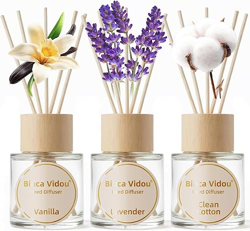binca vidou - Juego de 3 difusores de aceite de aroma natural de vainilla y lavanda con varillas para decoración de aromaterapia en casa, oficina,