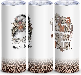 20oz Messy Bun Leopard Mama Bruh Stainless Steel Tumbler with Lid,1 Pcs | Double Wall Insulated Mug, Mom Life Floral Leopard Print Design, Funny Gift for Mom Wife, Fits Birthday Xmas Mother's Day
