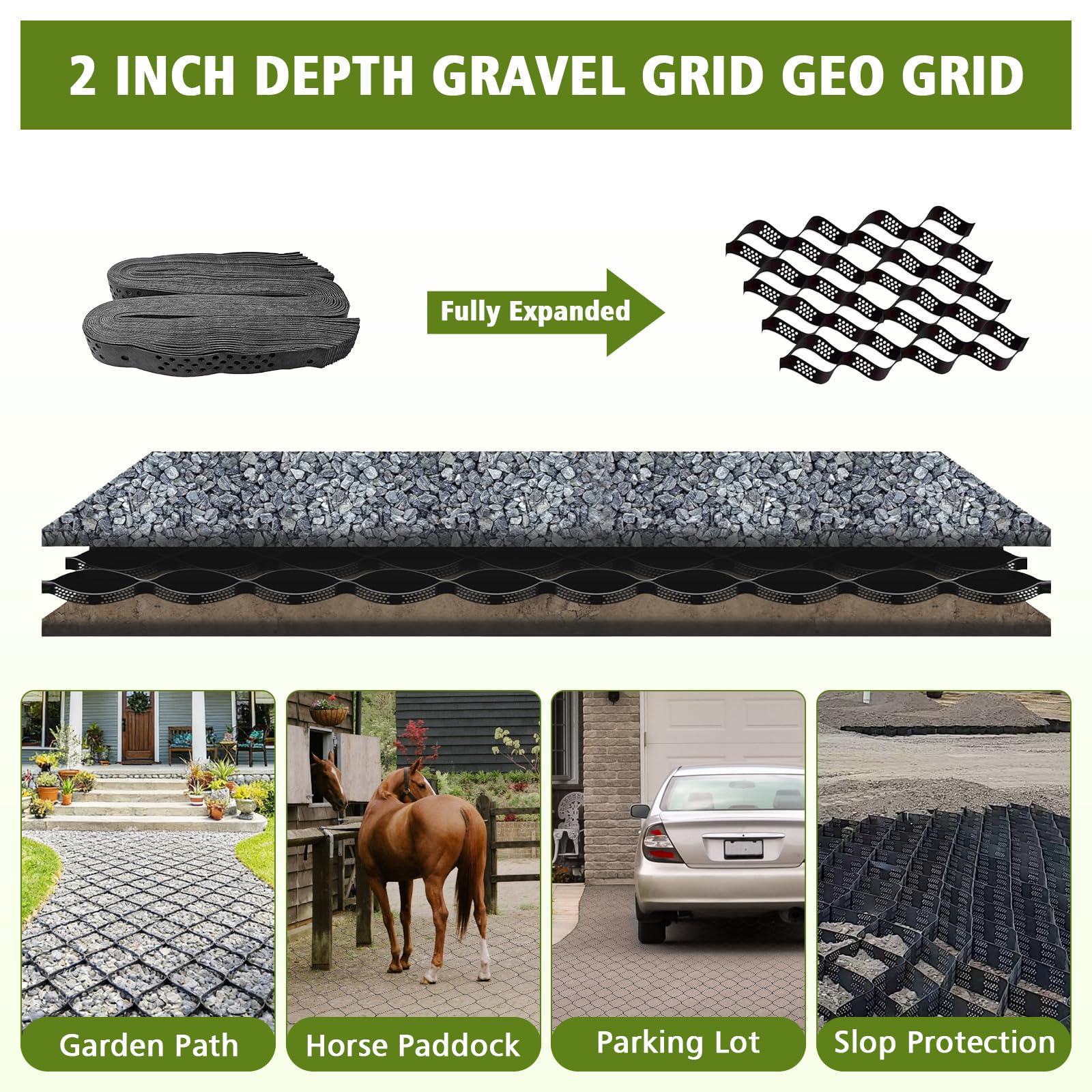 Rejilla de grava de 2 pulgadas de grosor, 10 pies x 16.4 pies, rejilla de grava y césped, rejilla de grava para base de adoquines, geomalla geocelular para calzadas, adoquines, jardín con 7 estacas