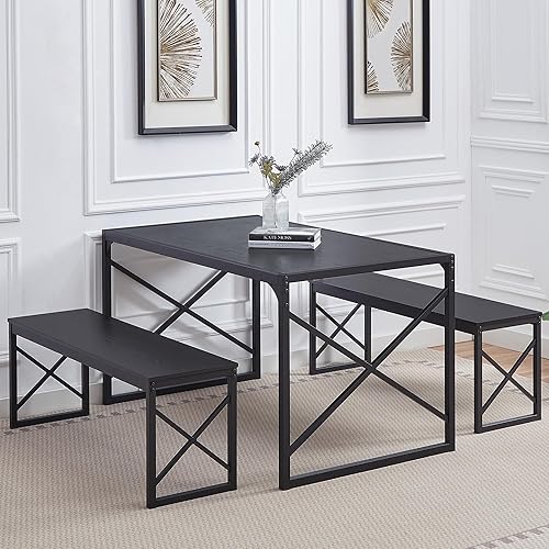 Miniatura 6 de VECELO Juego de mesa de comedor de 55 pulgadas para 4-6, cena rectangular con 2 bancos, para cocinasala de estar, espacio pequeño, 55 pulgadas,