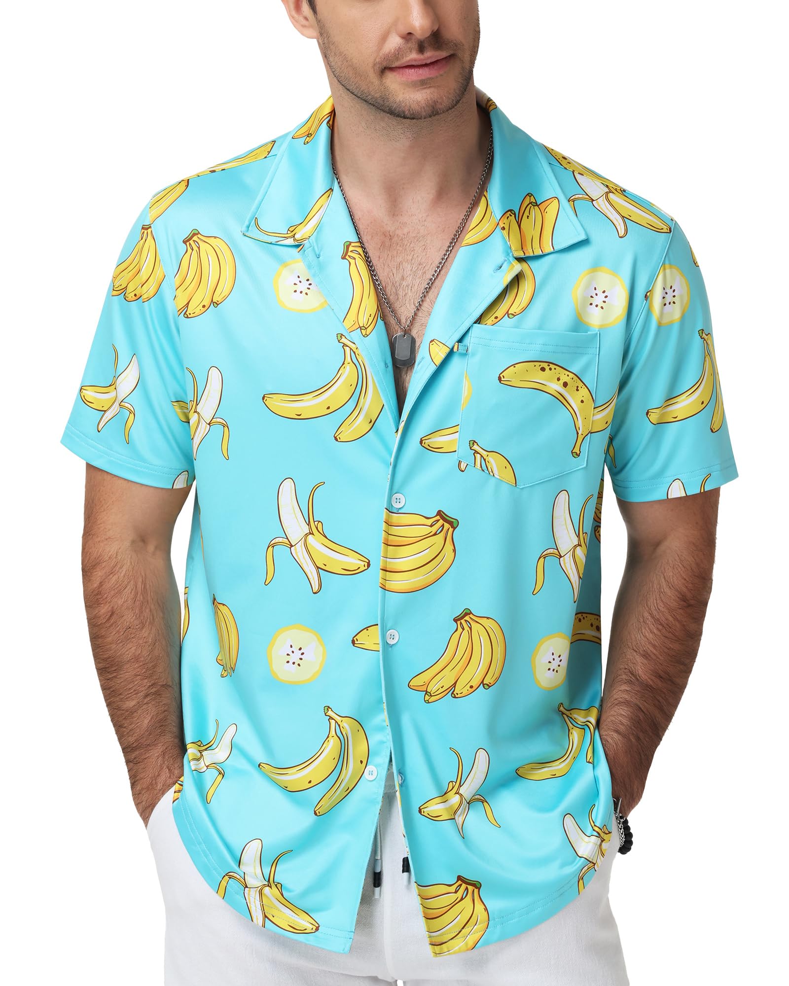 Runhit Hawaii Hemd Männer, Leichtes Sommerhemd Kurzarm mit Brusttasche und Tropischem Print, Atmungsaktiv Strandhemd für Strand Urlaub Alltag