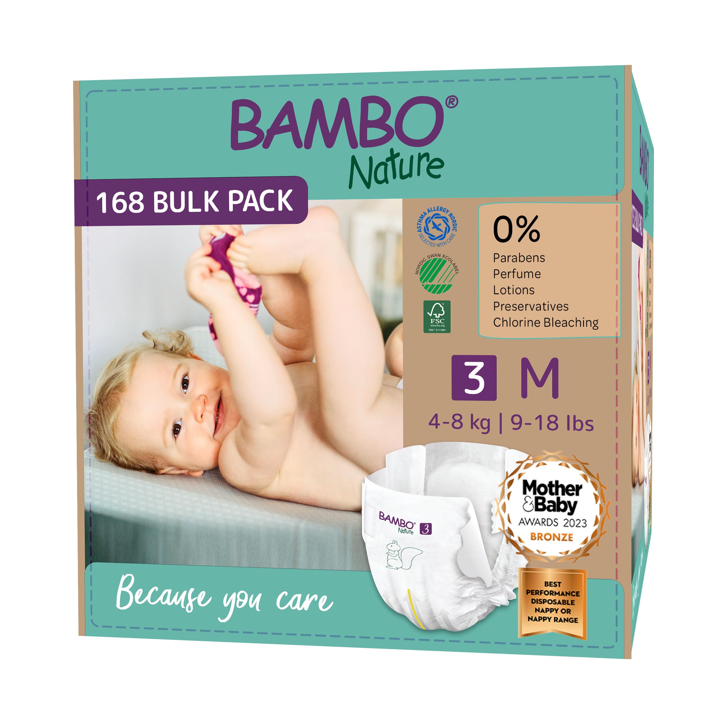 Bambo Nature Premium Eco Nappies, Size 3 (9-18lb/4-8kg), Midi, 168PK, Eco-Labelled, Enhanced Leakage Protection, Secure & Comfortable Baby Nappy