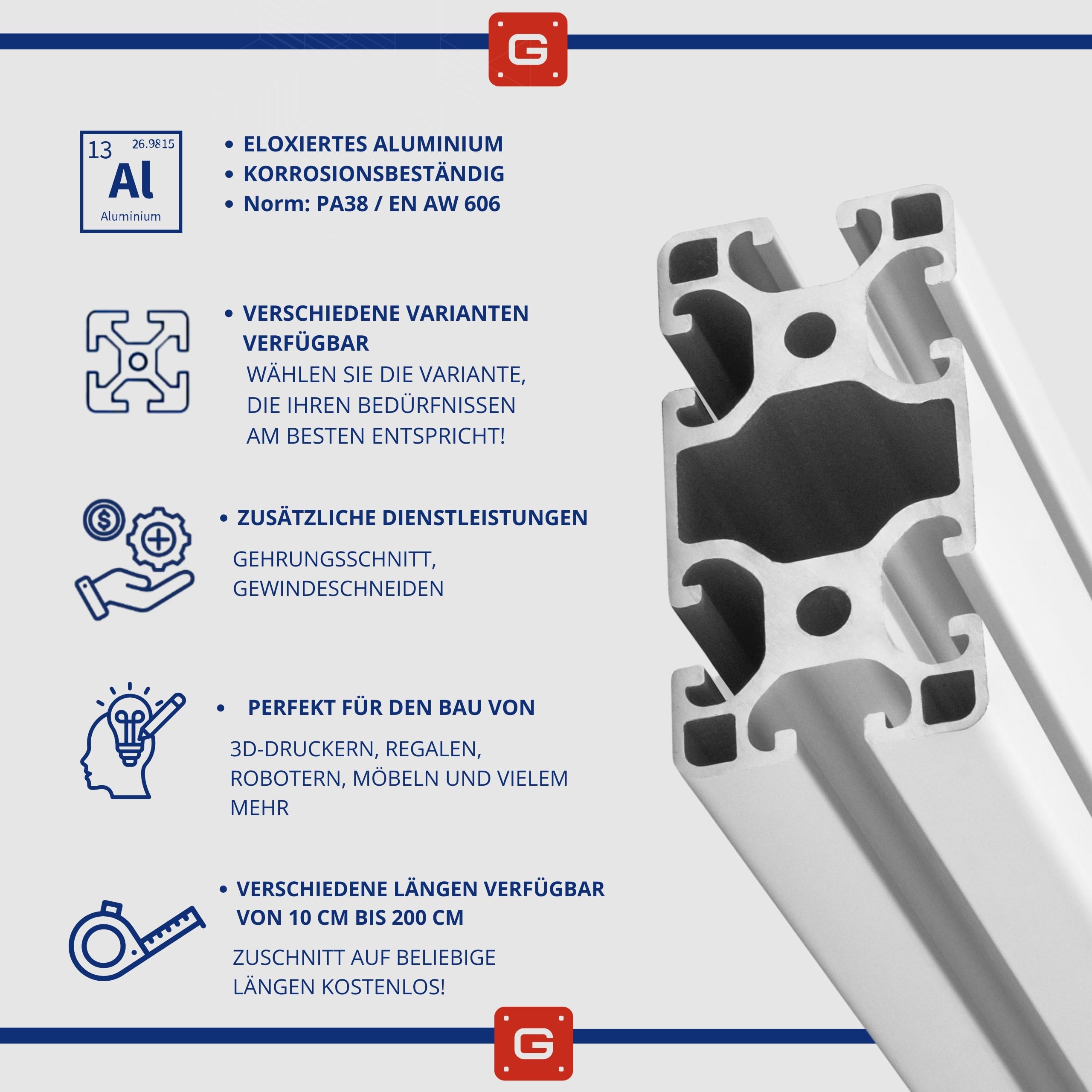 Aluprofil 40x80 mm | Nut 8 | Länge 10–250 cm wählbar | Eloxiertes und Wetterfestes Alu Profil | Konstruktionsprofil Bosch Item Kompatibel | Systemprofil für Industrie, 3D-Drucker, DIY
