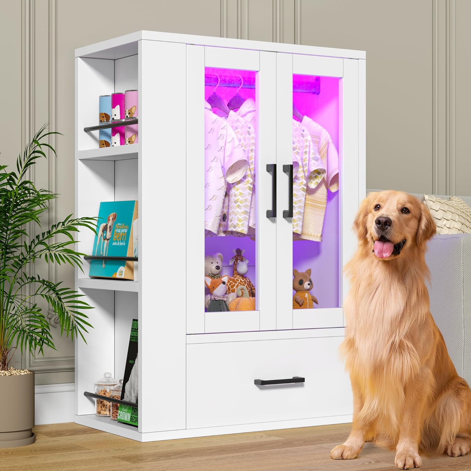 Semoic Wooden Dog Closet with LED Lights, Pet Wardrobe Organizer | Storage Cabinet for Dog & Cat Clothes, Toys, Food | Multi-Use Furniture, White