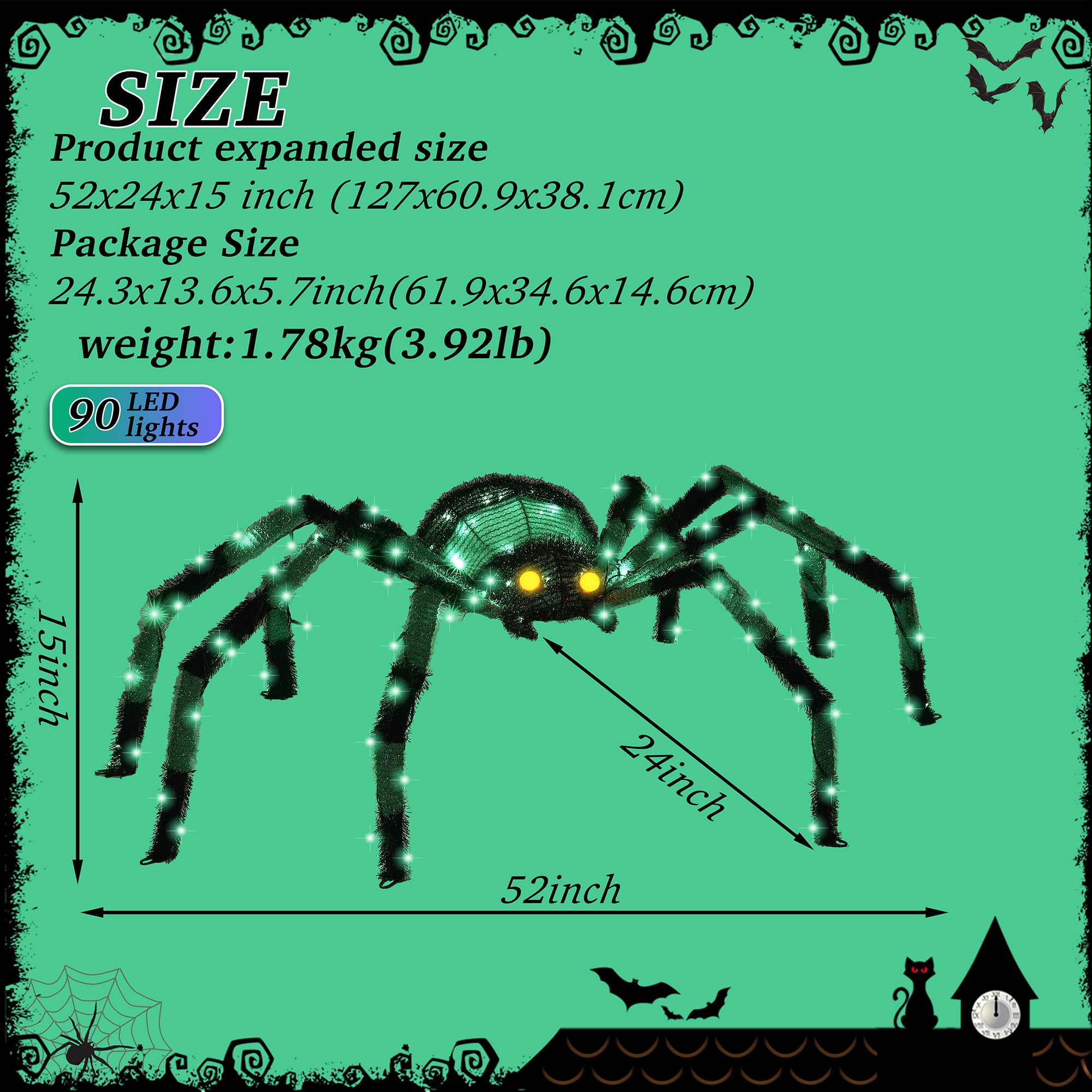 Gigantyczny pająk, dekoracje na Halloween, na zewnątrz, 132 cm, świecący pająk z 90 diodami LED, na podwórko, werandę, do ogrodu, trawnika, na imprezę halloweenową (zielony)
