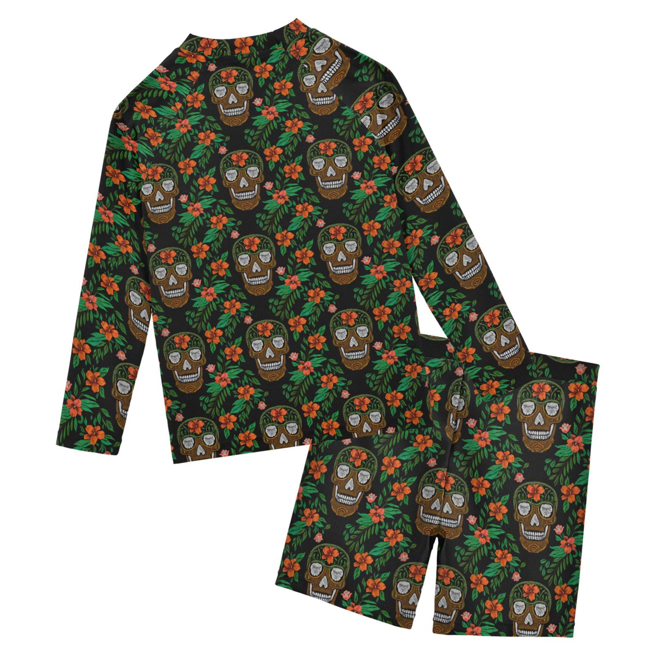 Skull Flower Toddler and Baby Boys' 2-Piece Swimsuit Trunk, Long Sleeve Rashguard Bathing Suit B0404444