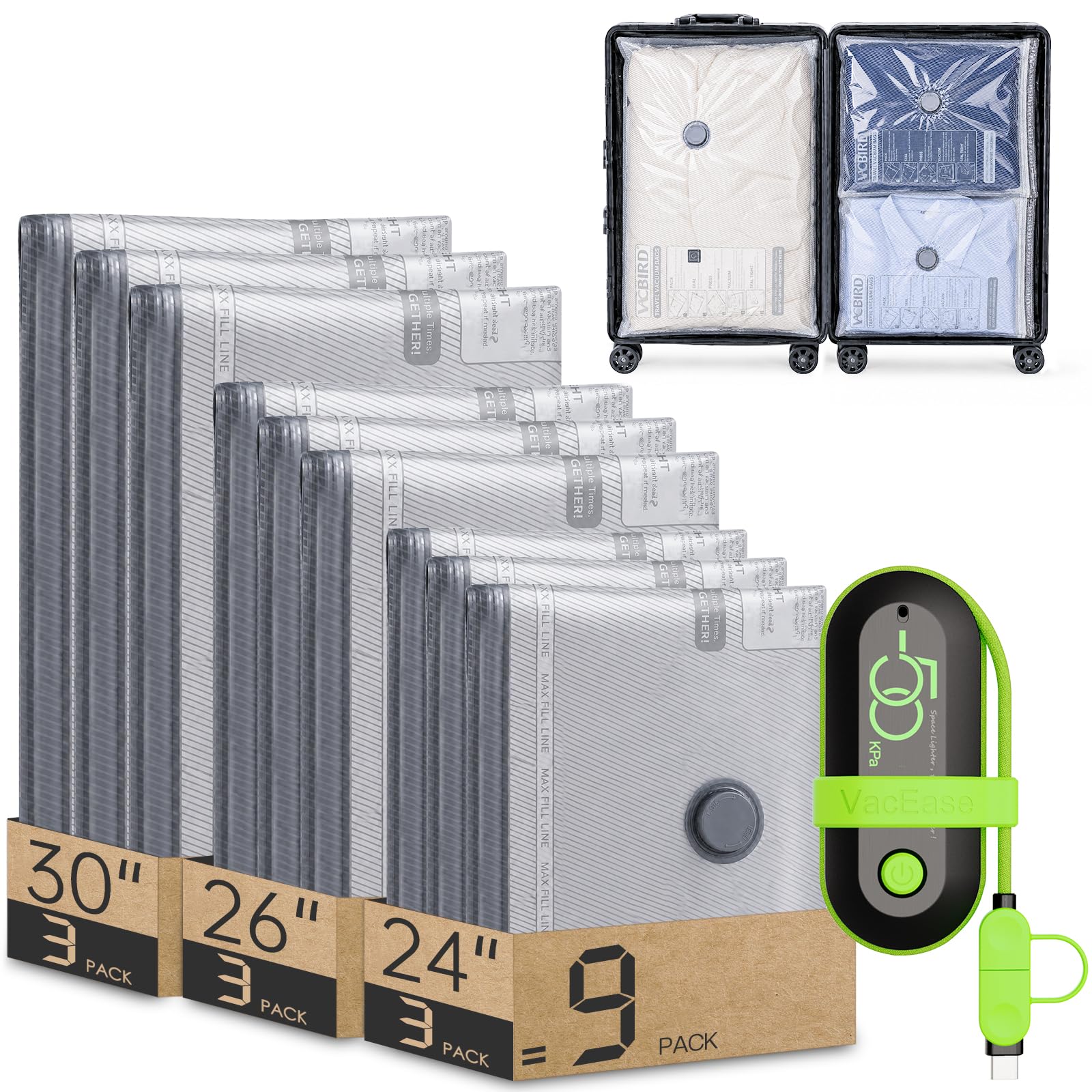9 sztuk worków próżniowych na ubrania z pompą elektryczną USB, torba