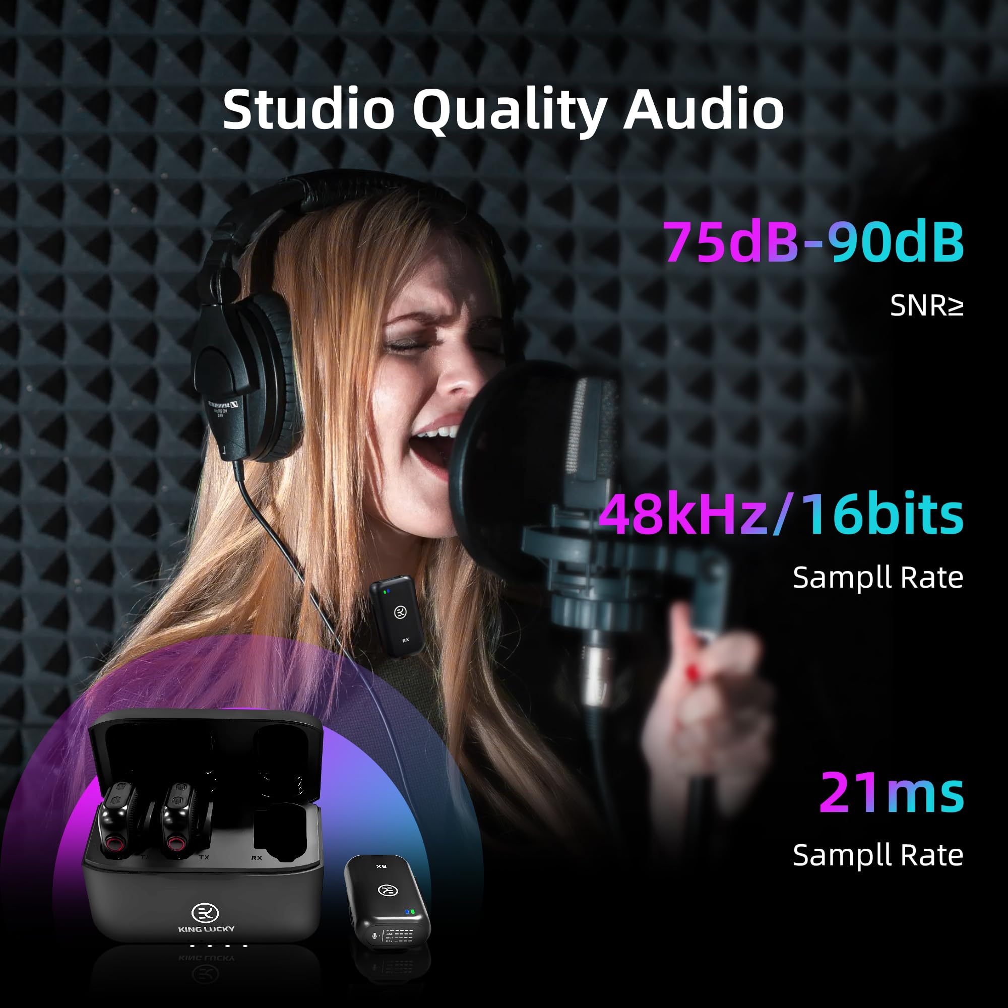 Kinglucky Wireless Lavalier Microphone, with Professional ANC Noise Reduction, Charging Case, 10H Battery Life, 80m(262FT), Wireless Microphone for DSLR Camera, iPhone, Android, PC, Live Streaming