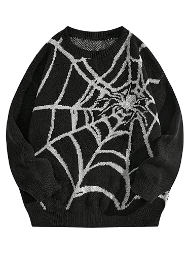 SHENHE Men's Crew Neck Graphic Sweater Long Sleeve Gothic Loose Sweater Pullover Top - Large - Spiderweb Black