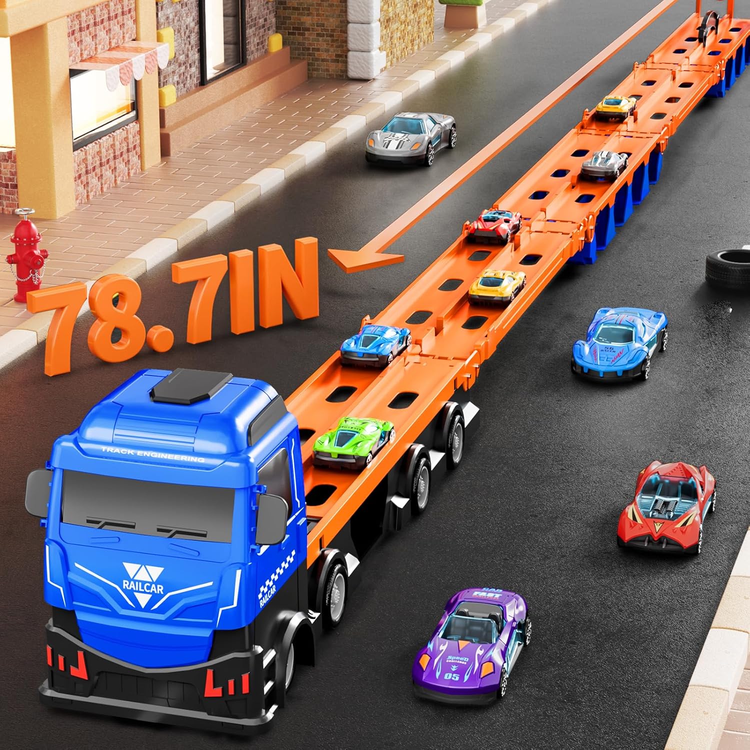 Car Truck Toys, 78-Inch Race Track Transport Truck Set with 24 Die-Cast Metal Cars, Foldable Carrier Toy for Kids 3-5, Christmas Birthday Gift for Toddlers ages 3 4 5 6 7+ Years Old Boys Girls