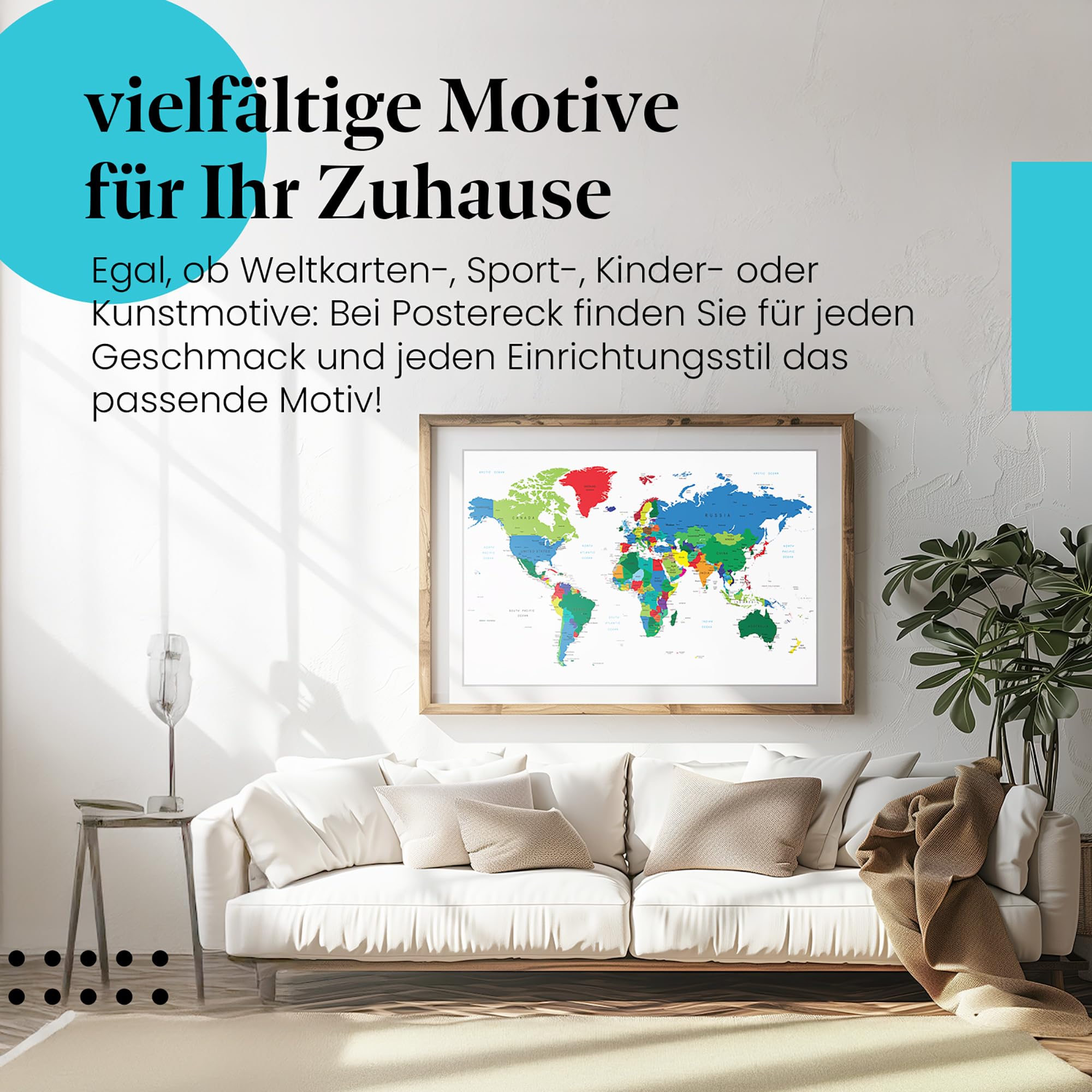 Postereck - 0666 - Politische Weltkarte, Land Hauptstadt Kontinent - Unterricht Klassenzimmer Schule Wandposter Fotoposter Bilder Wandbild Wandbilder - Leinwand - 100,0 cm x 75,0 cm