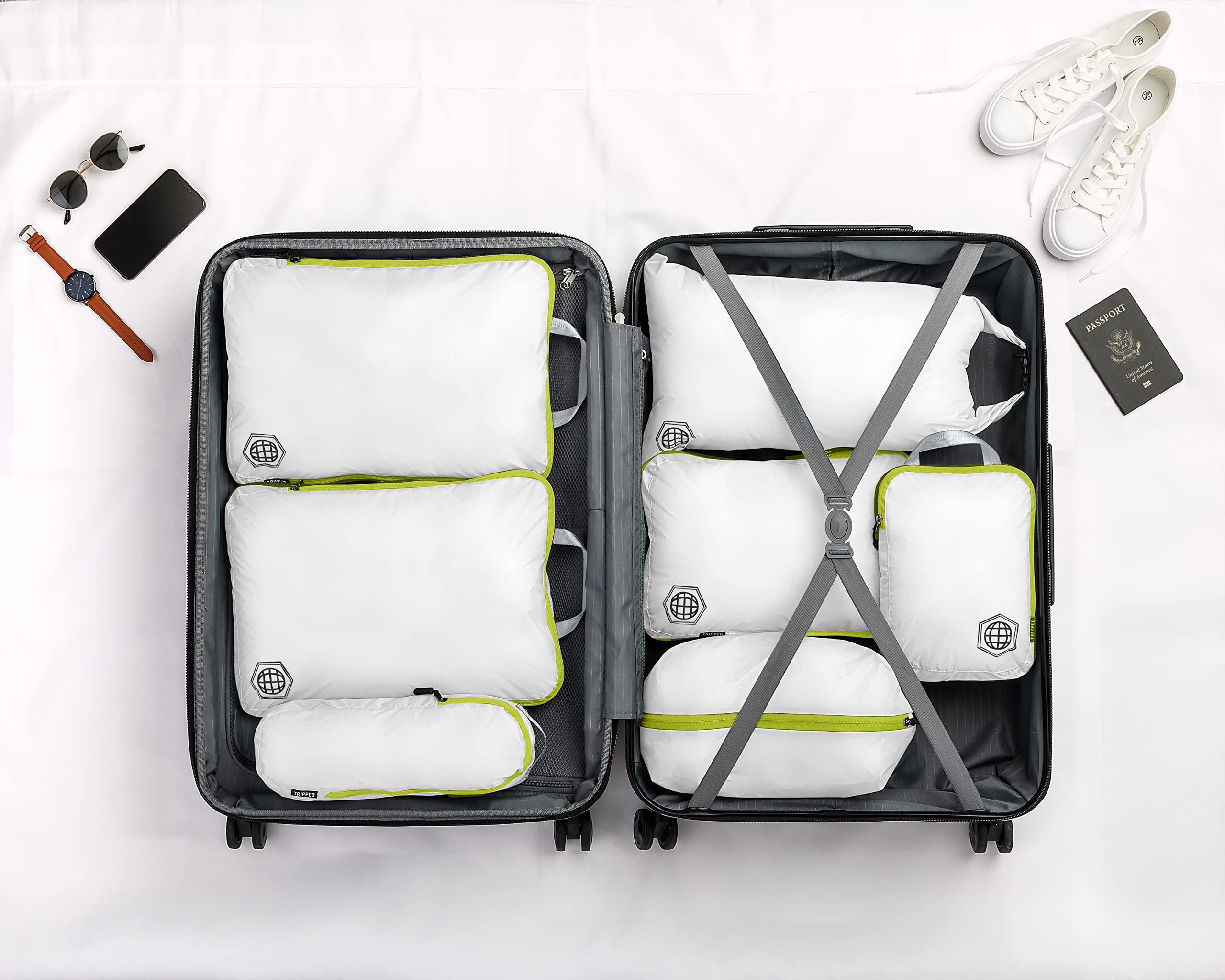 TRIPPED Travel Gear - Cubos de embalaje grandes para viajes, cubos de compresión extragrandes, organizadores de equipaje, juego de 7 piezas, ultraligeros, expandibles/bolsas de compresión para ropa de