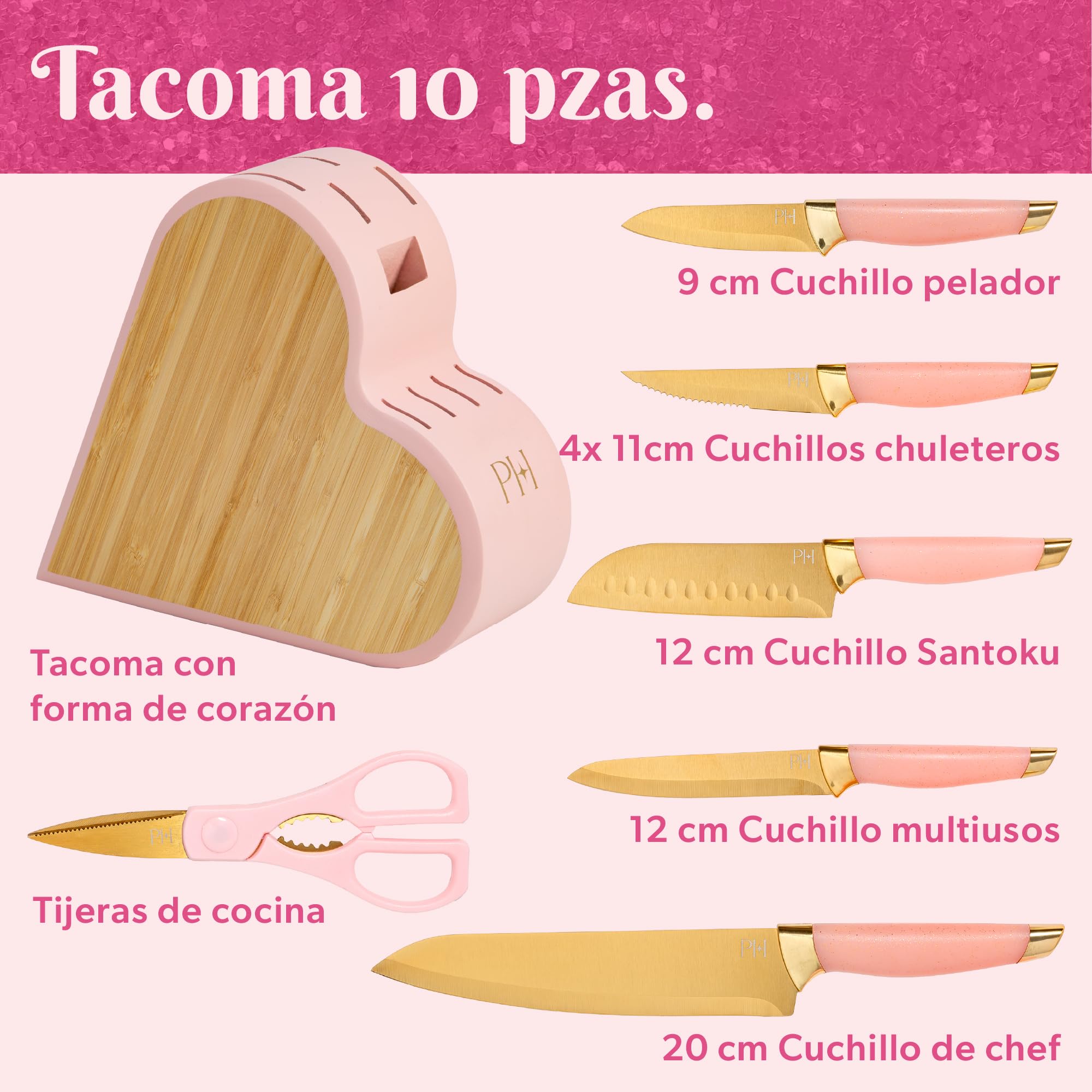 Set de Cuchillos Paris Hilton en Bloque de Bambú, 10 Piezas con Mangos Rosados y Cuchillas Doradas, Ideal para Regalo