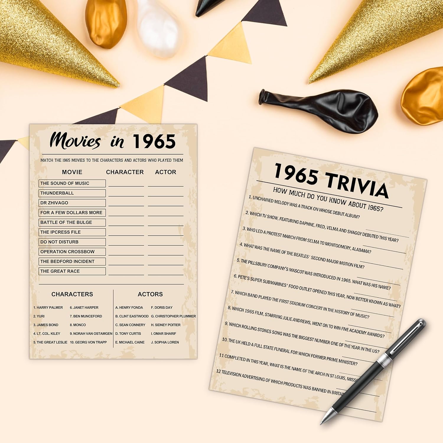 60 th Birthday Party Games, Set of 3 Activities for 10 Guests, Born in 1965 Games Bundle, Birthday Party Supplies for Adults, Pack of 30 Cards