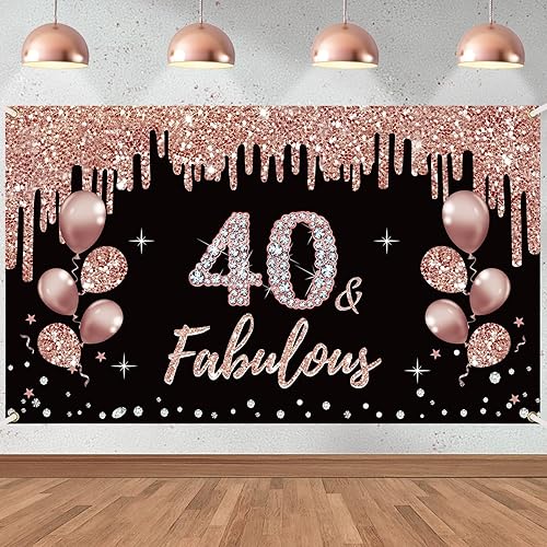 Cartel de decoración de cumpleaños número 40 para mujer, decoración de cumpleaños de 40 años de oro rosa, suministros de fiesta, fondo de cumpleaños