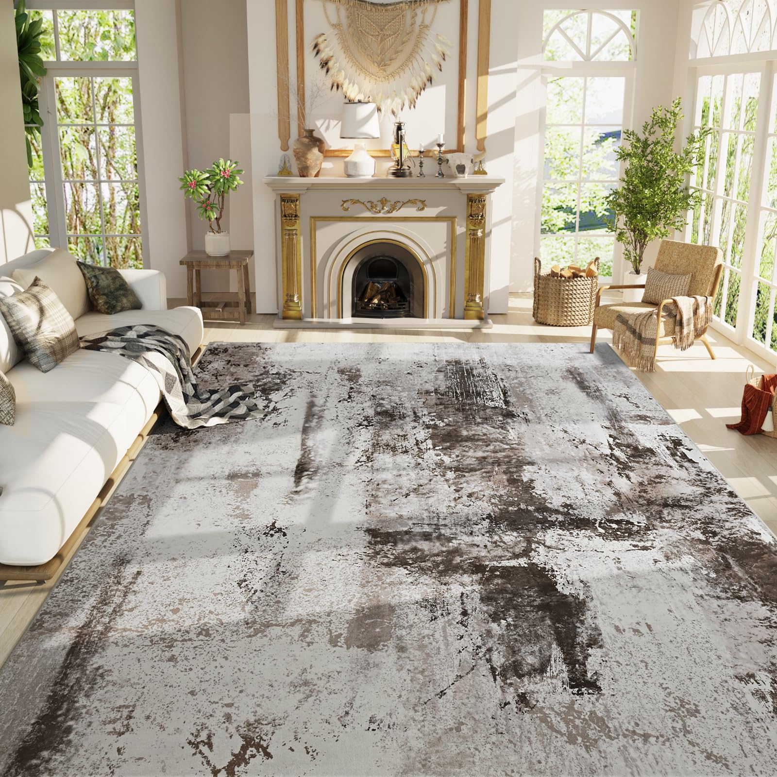Living Room Rug 9x11 Coffee Area Rugs Machine Washable Abstract Boho Large Rug Non-Slip Non-Shedding Faux Wool Indoor Vintage Carpet for Bedroom, Classroom, Dining Room, Kids Playroom — image 1