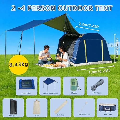 Miniatura 7 de 2-4 Person Inflatable Camping Tent  60 Second Setup  4 Season Waterproof (PU3000 Oxford)  All Weather Tent for Romantic Dates, FallWinter Camping,