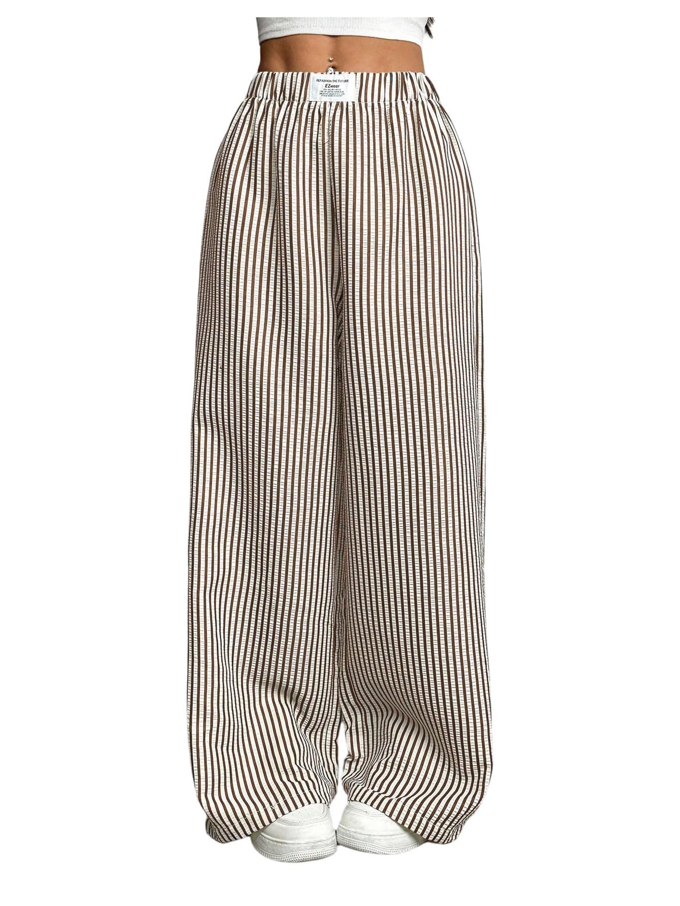 Floerns Womens Y2k Striped Wide Leg Pants Elastic High Waisted Casual Baggy Trousers