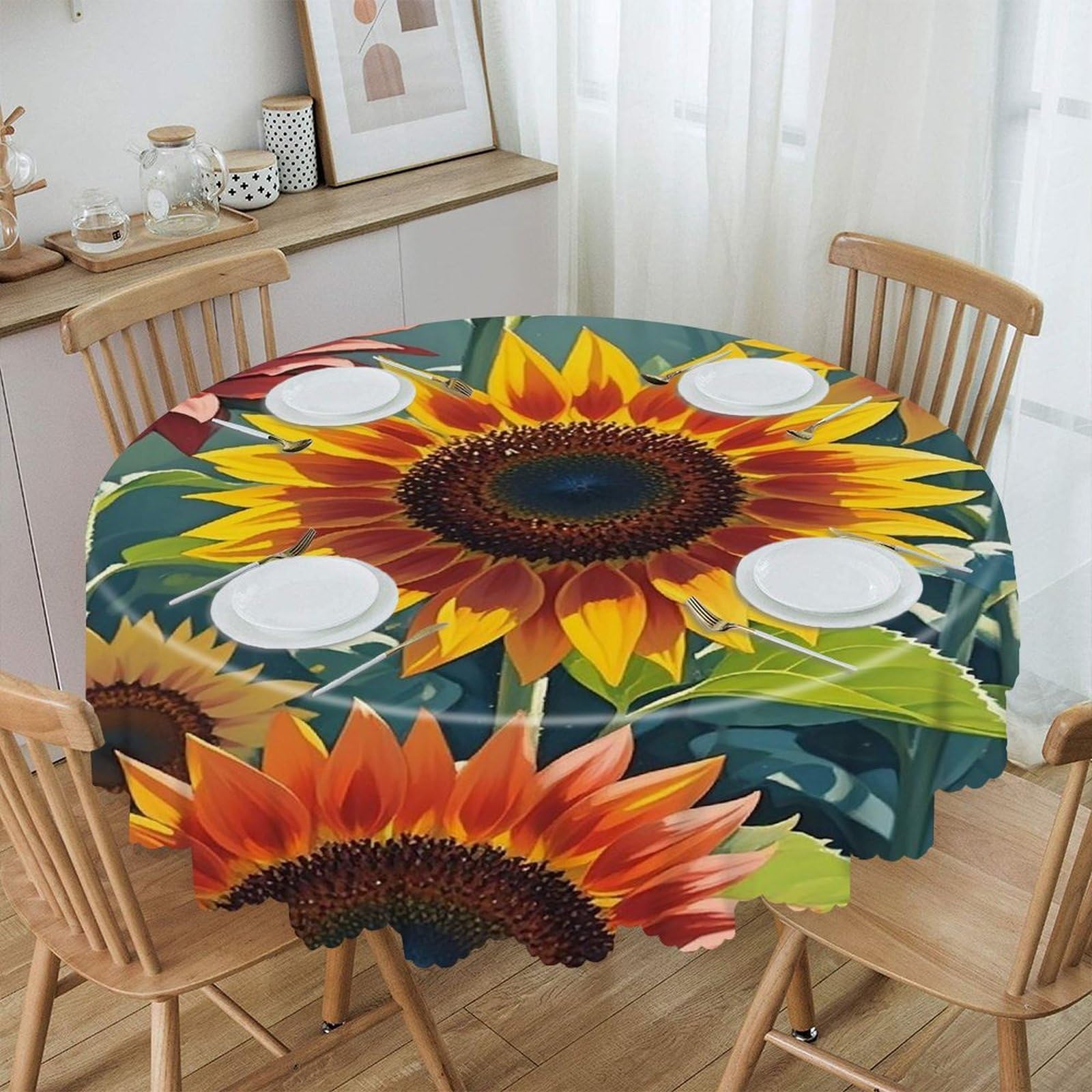 VstaDank Red and Yellow Sunflowers Round Tablecloth Wipeable Round Polyester Tablecloth Waterproof Wrinkle Free Indoor and Outdoor Table Cover 60 Inch Decorative Farmhouse Table Cloth for Dining