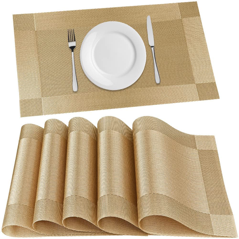 FIDEO (Gold) Premium PVC Dining Table Placemats Set of 6 | Heat Resistant | Non Slip | Washable Woven Vinyl Table Mats | Stain Resistant Surface Protector for Kitchen Dining Room | 45 x 30 cm