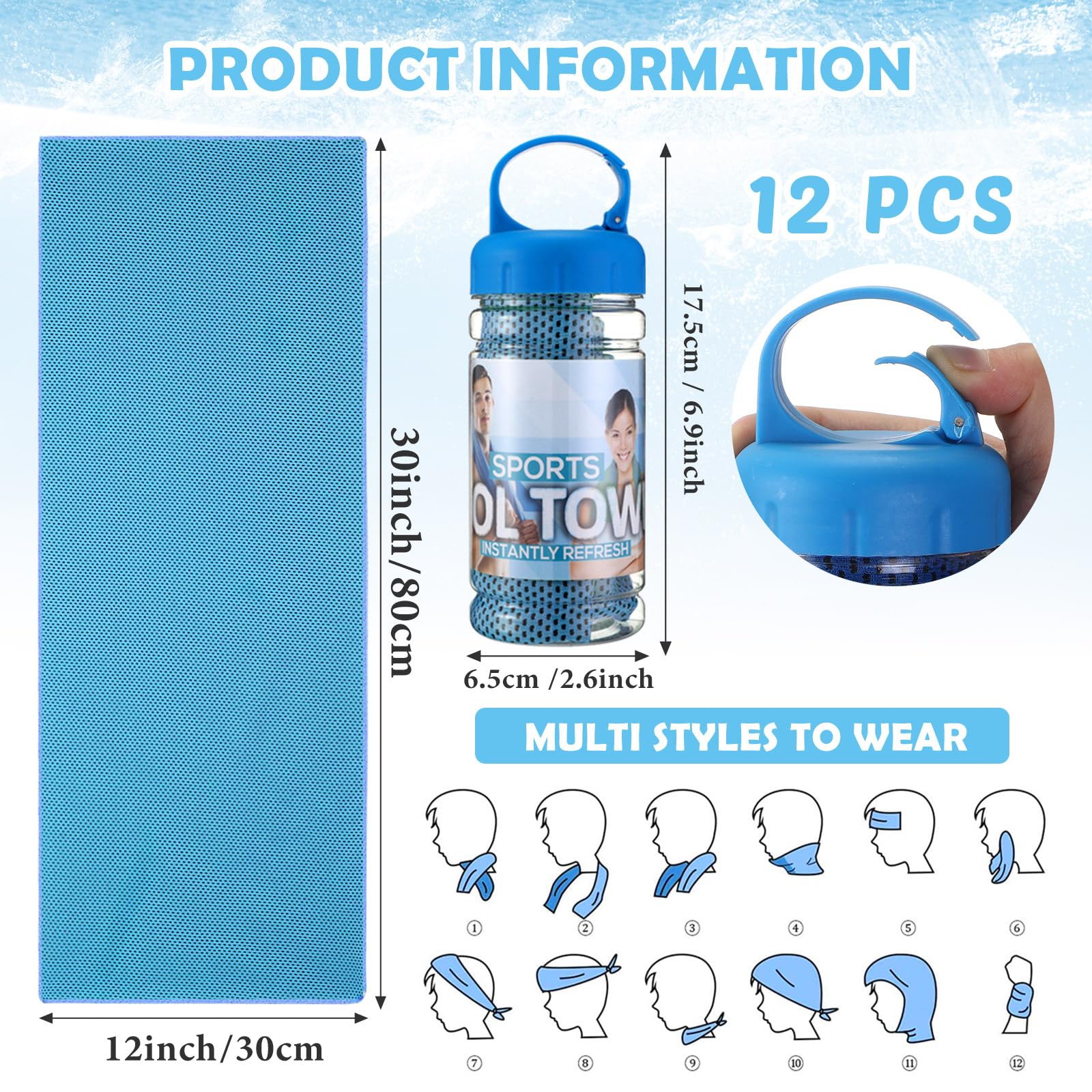 Confezione da 12 Asciugamani rinfrescanti con borracce, 81 x 30 cm, riutilizzabili, Ideali per Il Collo, Perfetti per Sport, Palestra, Corsa, Yoga, Campeggio e attività all'aperto.