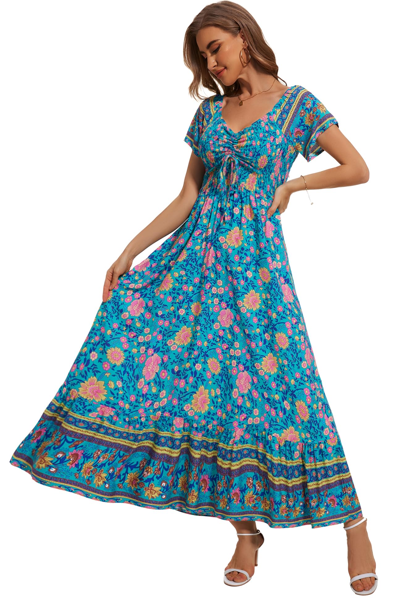 Summer Floral Smocked Maxi Dress for Women 2026 Casual Flowy Tiered A Line Boho Beach Party Long Dresses with Short Sleeve