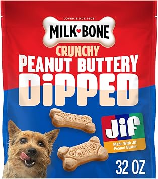 Milk-Bone Peanut Buttery Dipped Dog Treats with Jif Peanut Butter, 32 Oz. | 32-oz. bag, Dog biscuits baked with real peanut butter, Peanut butter flavored coating