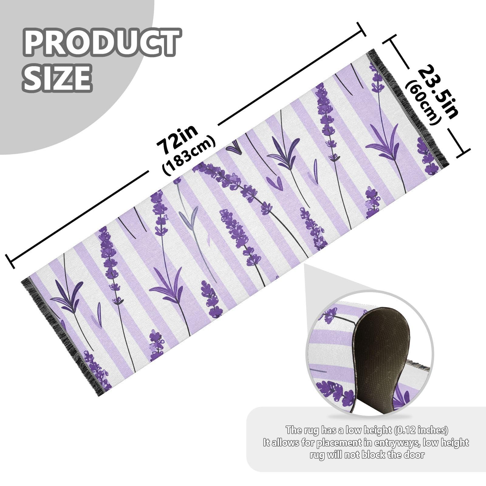 Striped Lavender Flower Purple Runner Rug for Hallways Kitchen Rugs Washable Rug for Laundry Entryway Bedroom 72 * 23.5 in