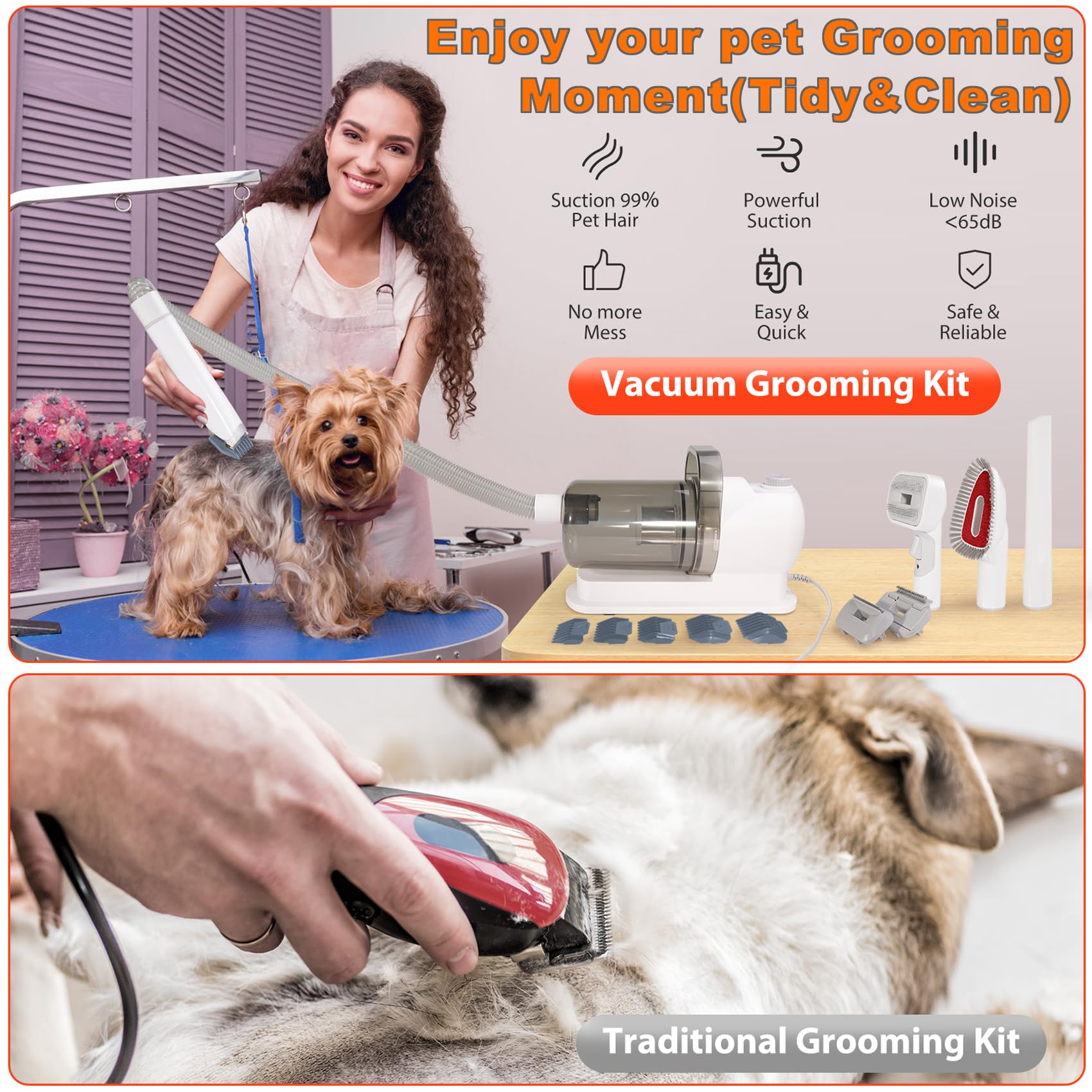Kit per la toelettatura del cane e la toelettatura degli animali domestici 6 in 1 Spazzola per spargimento del cane Aspirazione 99% peli di animali domestici con 6 pettini tagliacapelli